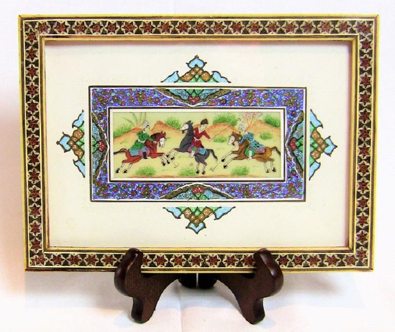20th Century HandPainted Persian Plaque in Khatam Mosaic Frame For
