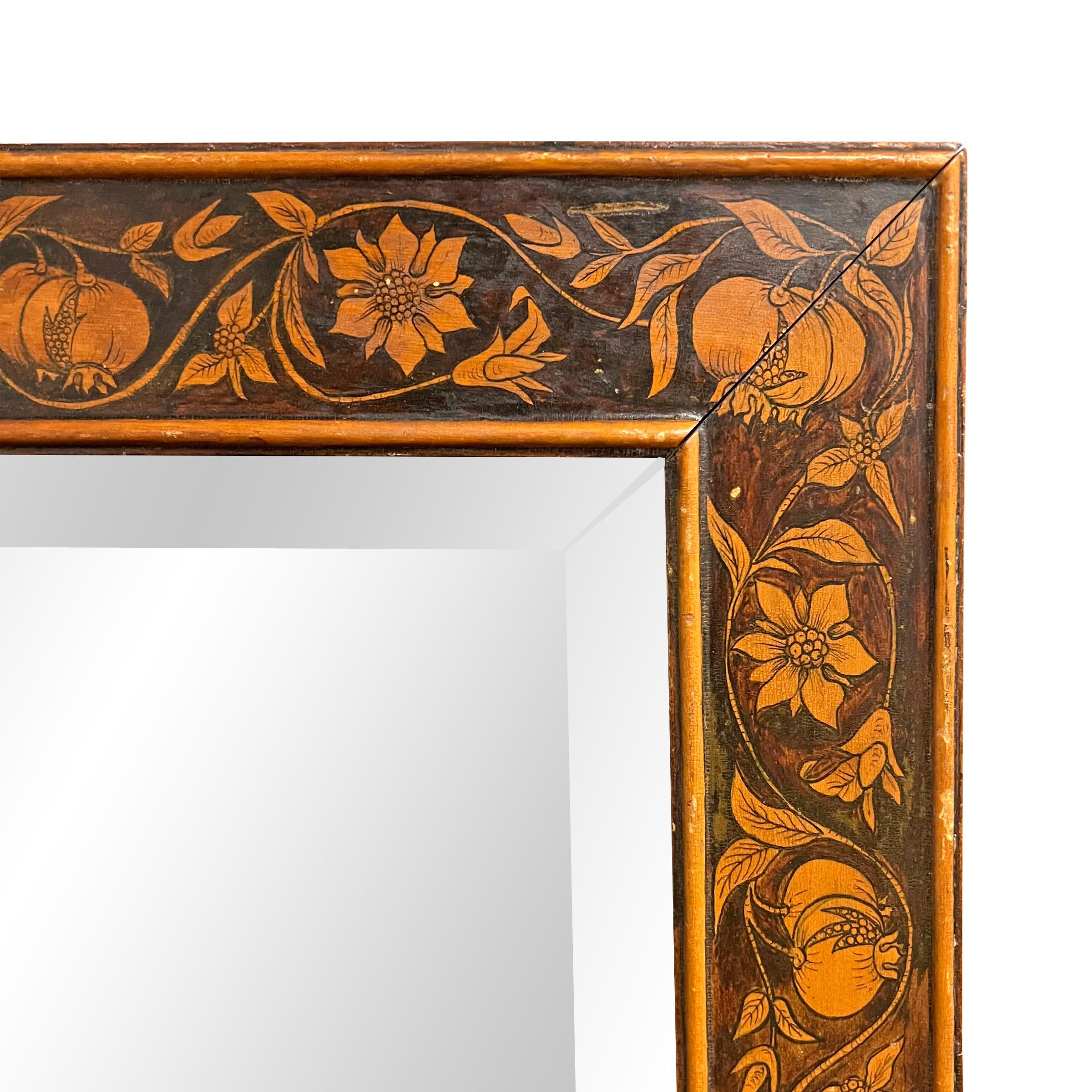 Wood 20th Century Hand-Painted Pomegranate Framed Beveled Mirror For Sale