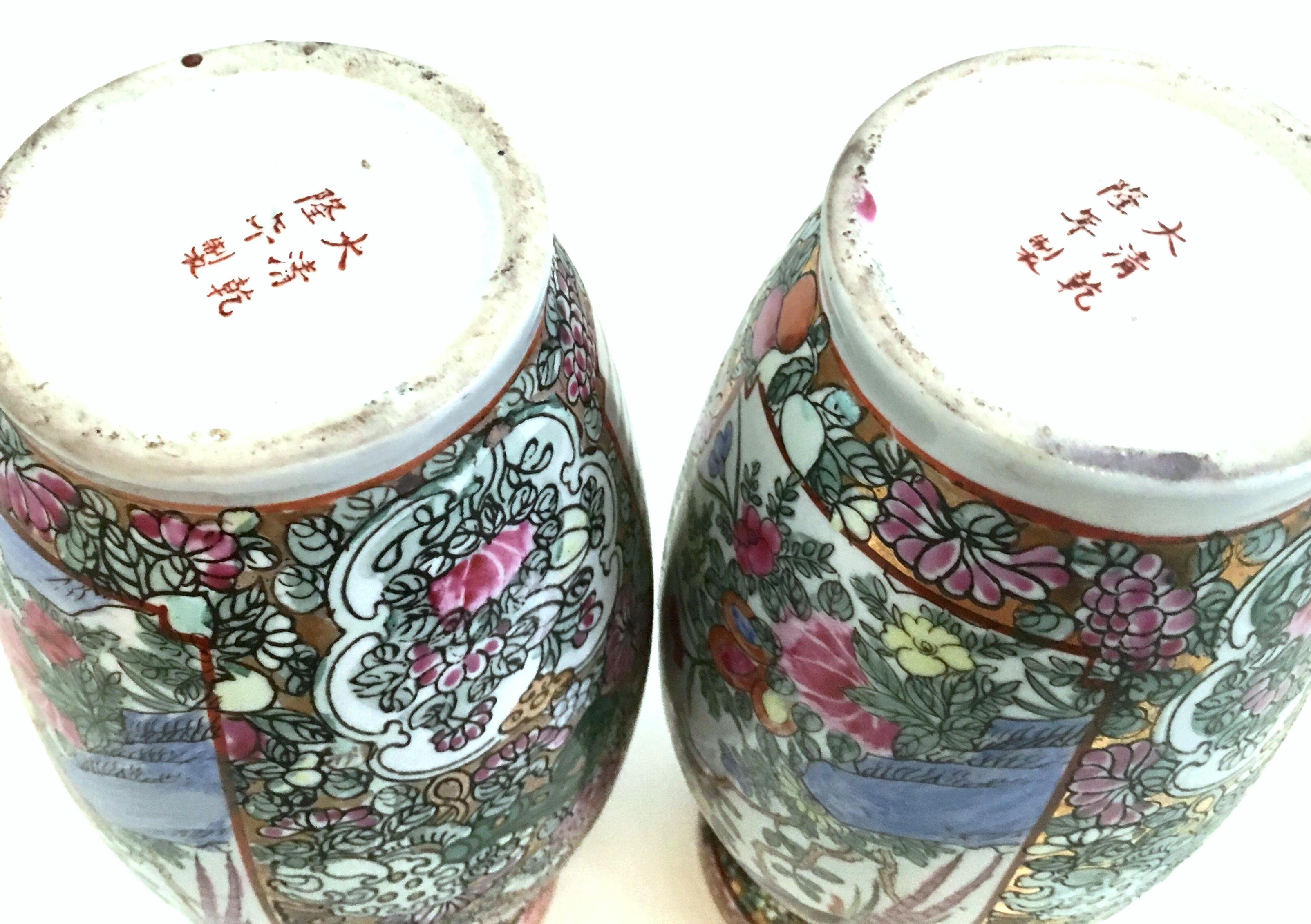 20th Century Hand Painted Porcelain Famille Rose Pair of Vases-Signed-Qianlong For Sale 6