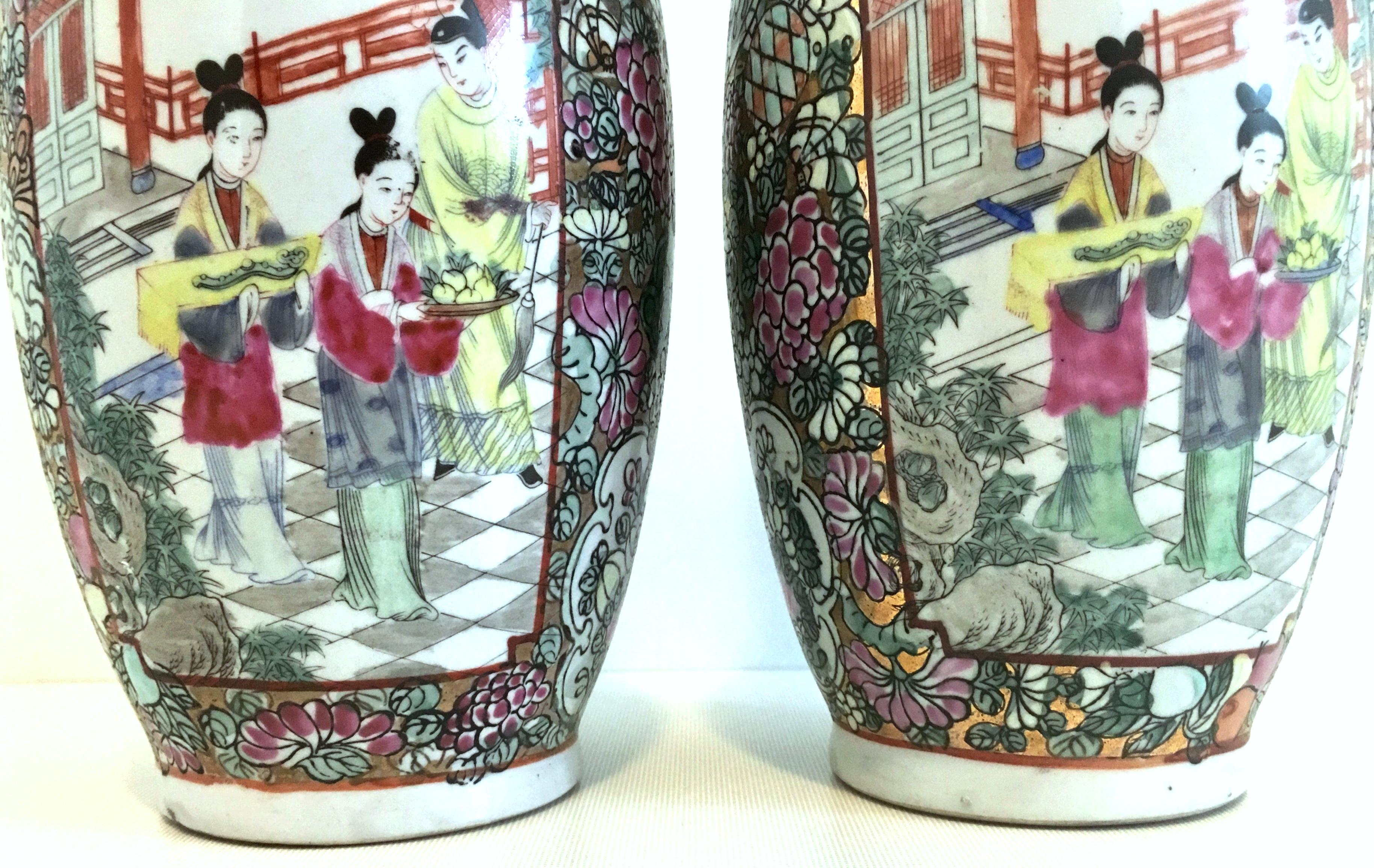 Chinese Export 20th Century Hand Painted Porcelain Famille Rose Pair of Vases-Signed-Qianlong For Sale