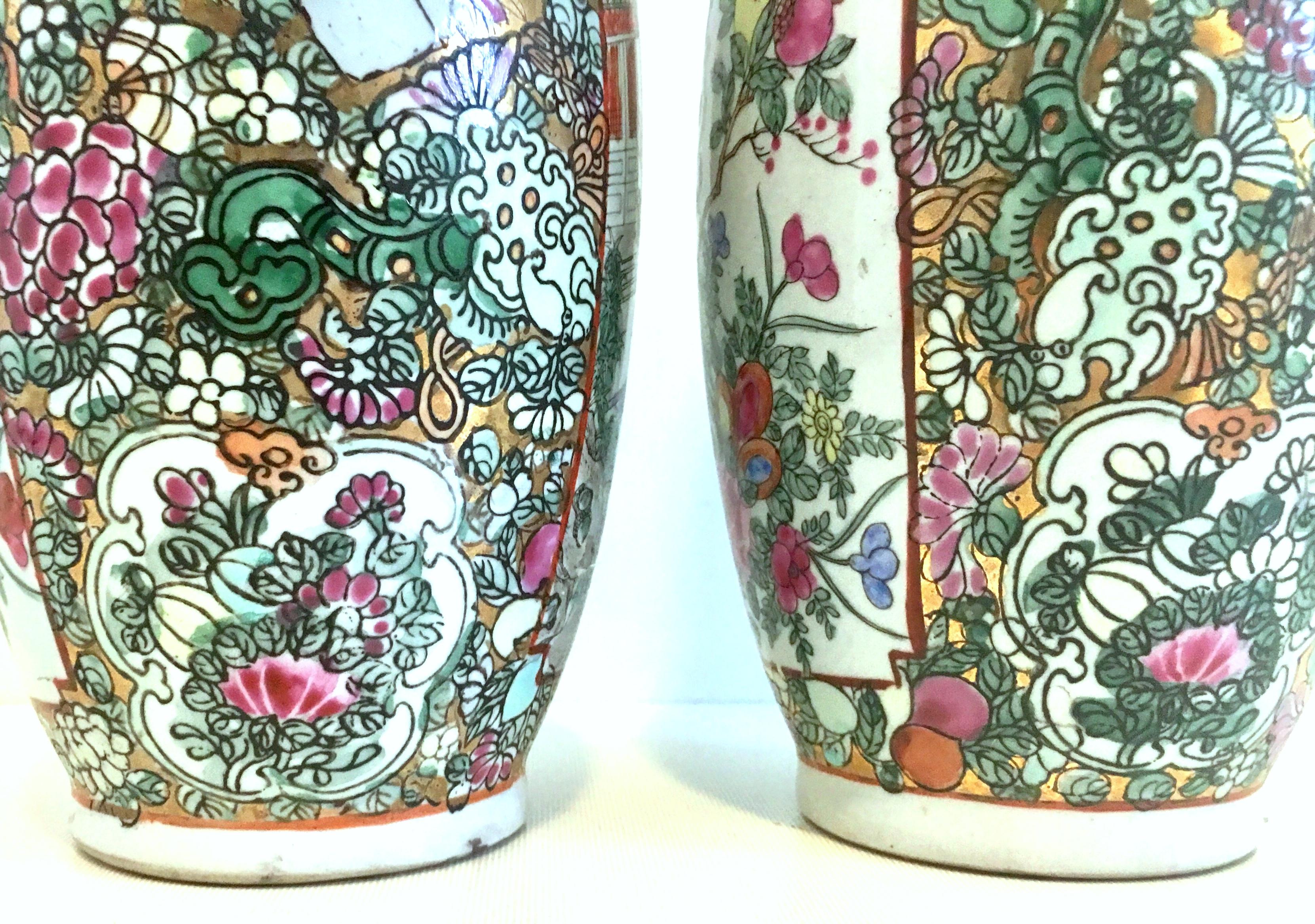 Chinese 20th Century Hand Painted Porcelain Famille Rose Pair of Vases-Signed-Qianlong For Sale