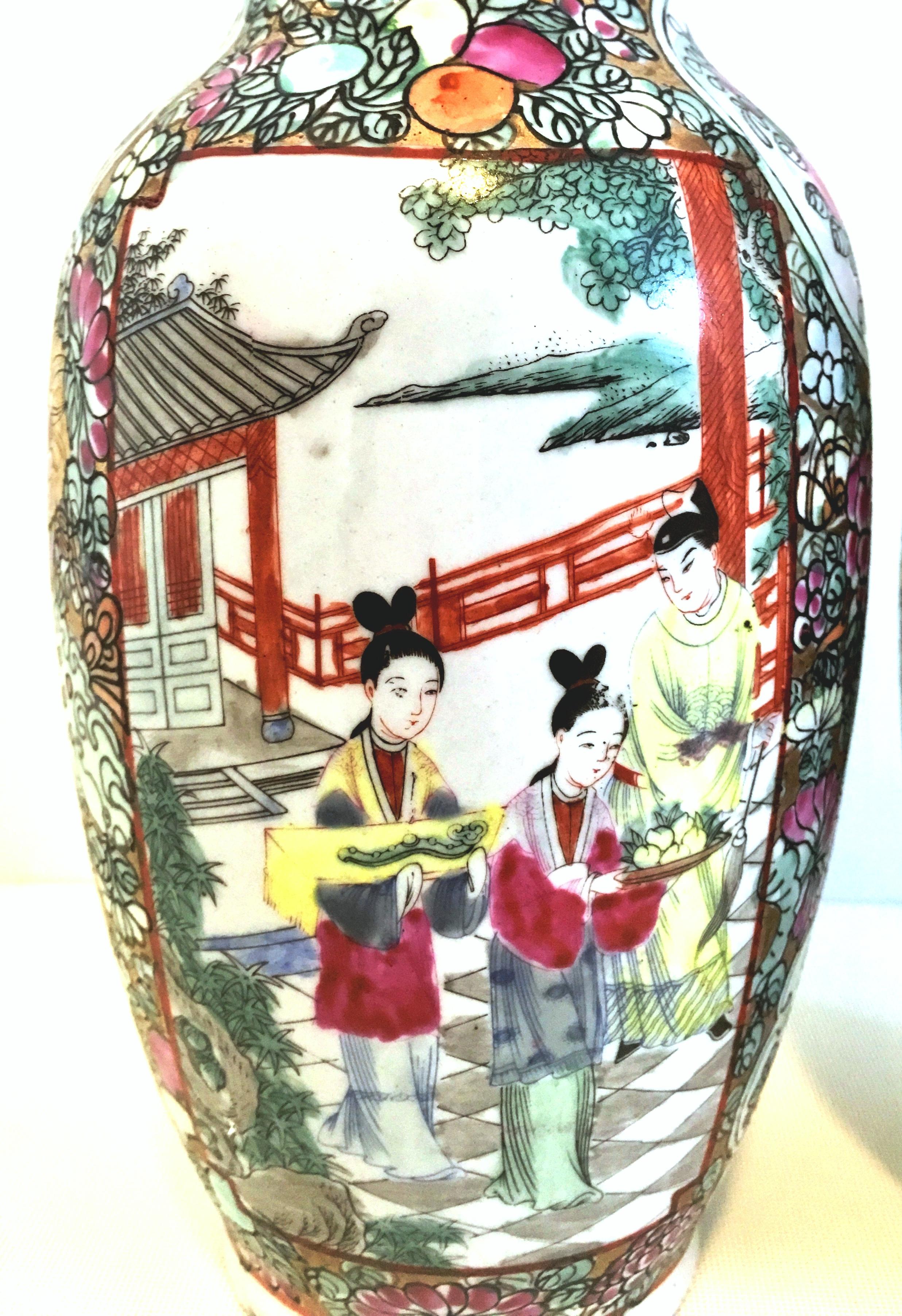 Hand-Painted 20th Century Hand Painted Porcelain Famille Rose Pair of Vases-Signed-Qianlong For Sale