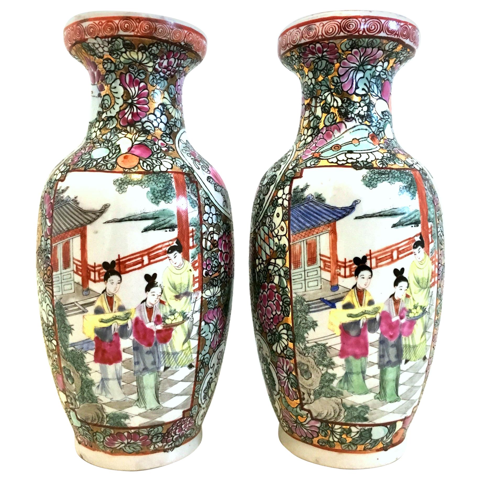 20th Century Hand Painted Porcelain Famille Rose Pair of Vases-Signed-Qianlong For Sale
