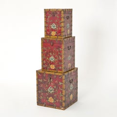 20th Century Hand-Painted Red Lacquered Wood Trunks with Brass Accent Set /Three