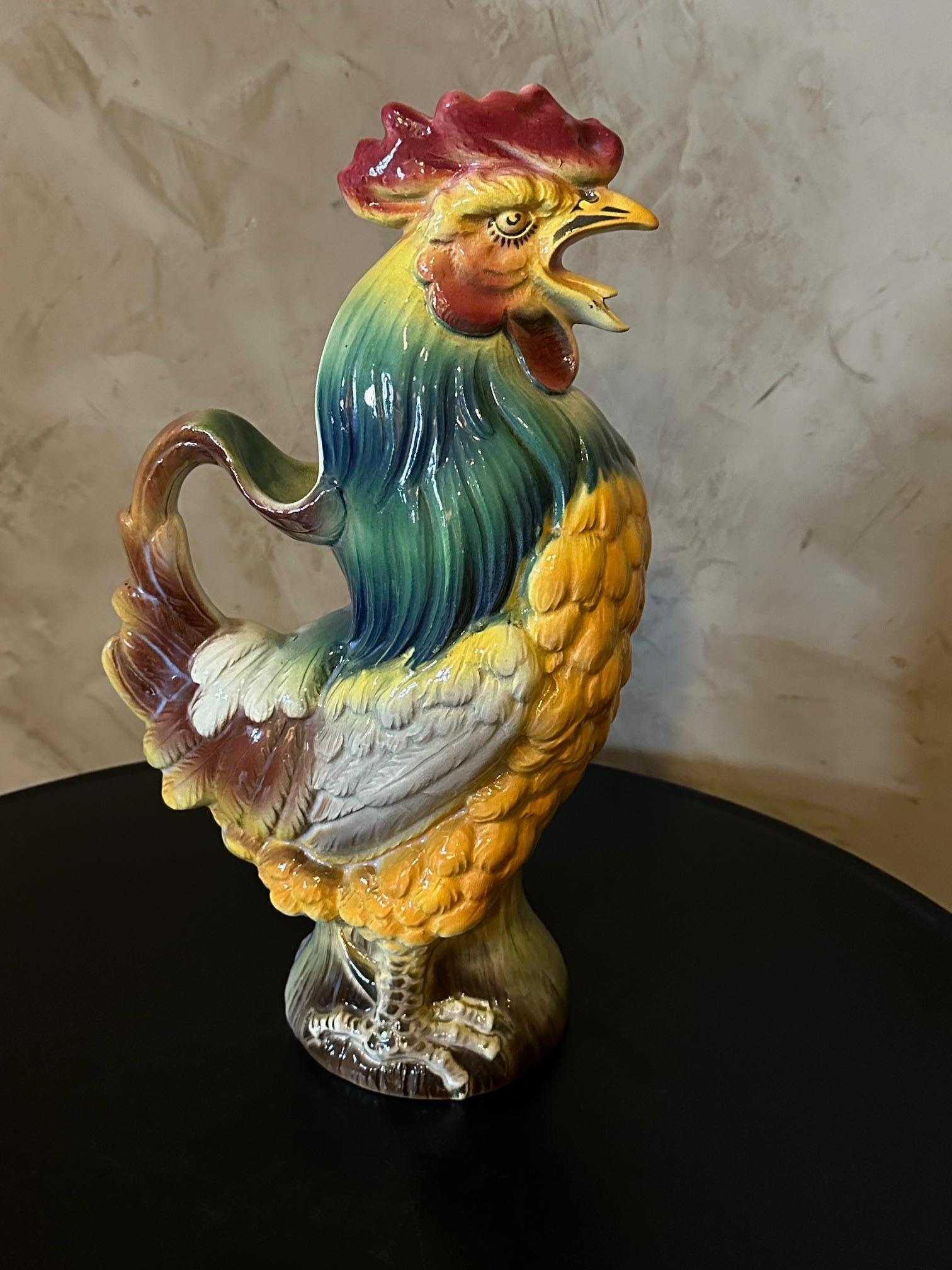 Very nice large pitcher representing a rooster manufactured by the Keller and Guérin factory at the beginning of the 20th century. 
Very beautiful bright hand painted colors. 
Stamped and numbered below. In a perfect condition. 