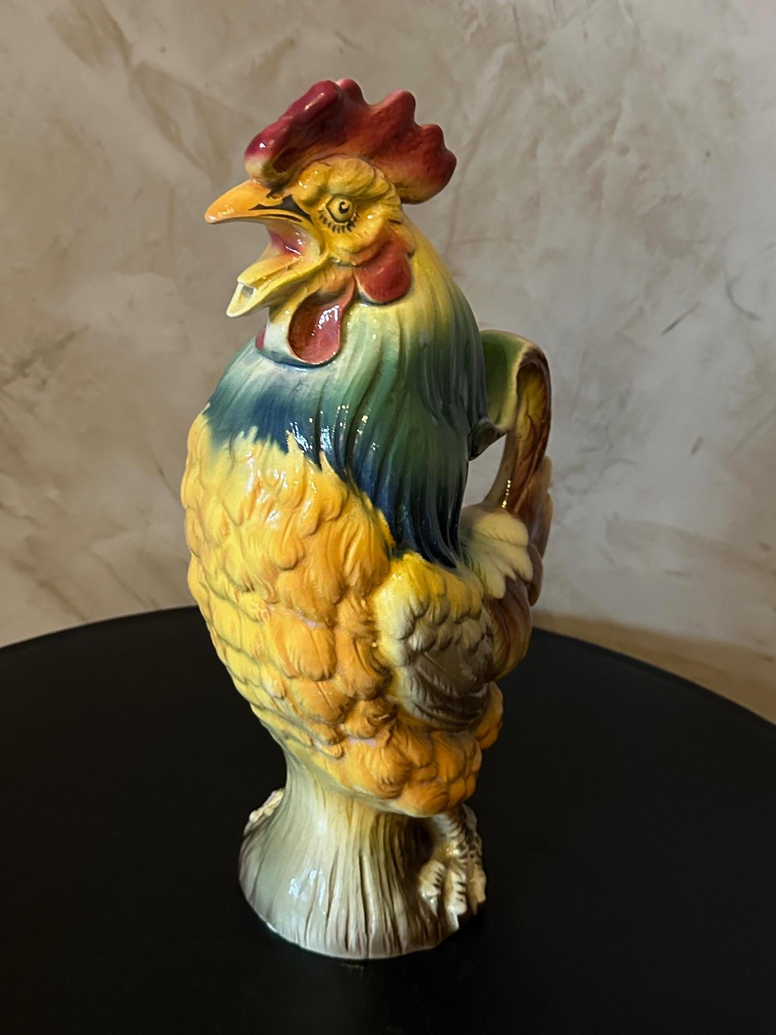 Hand-Painted 20th century Hand painted Rooster Barbotine Pitcher For Sale