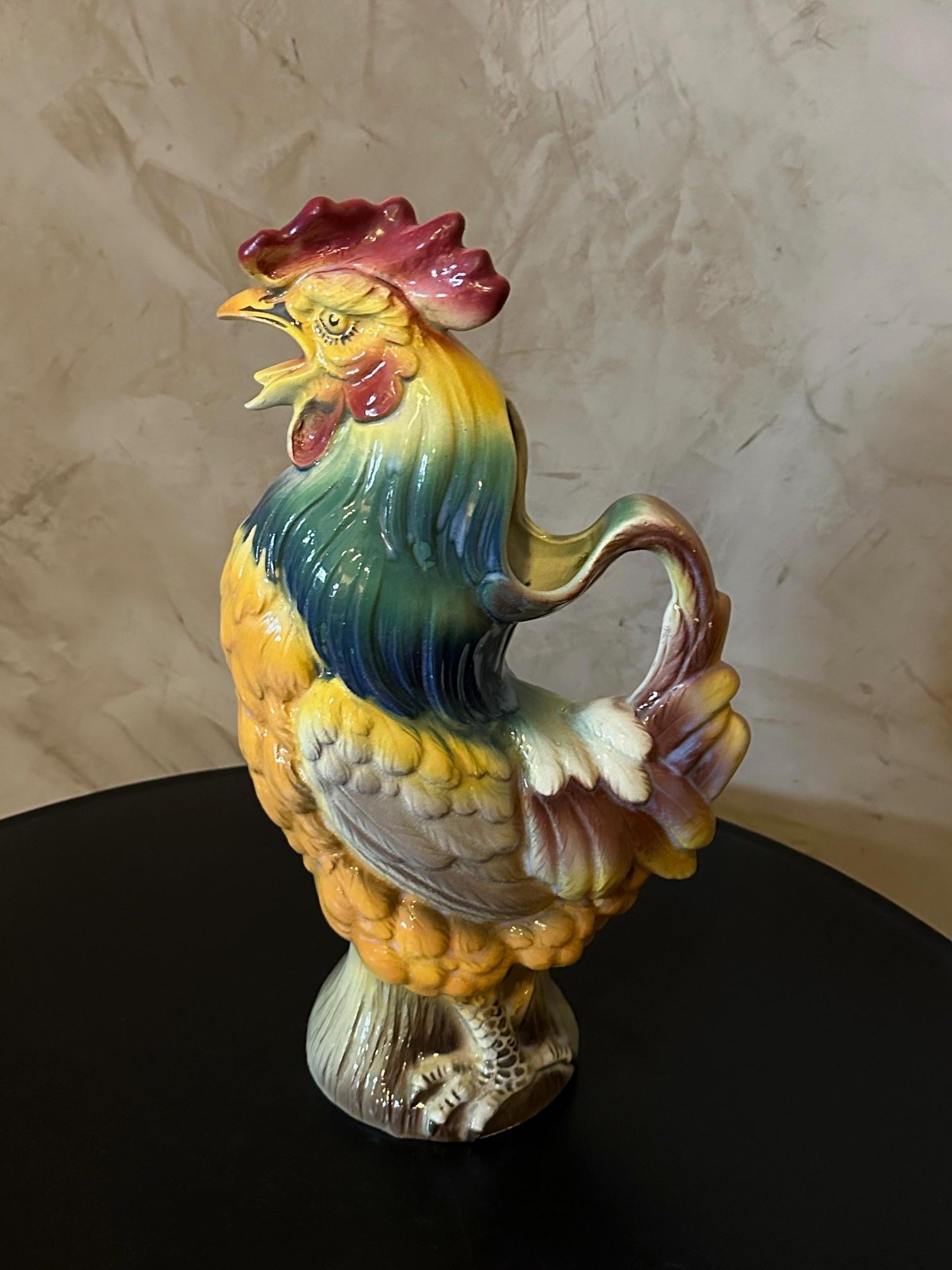 20th century Hand painted Rooster Barbotine Pitcher In Good Condition For Sale In LEGNY, FR
