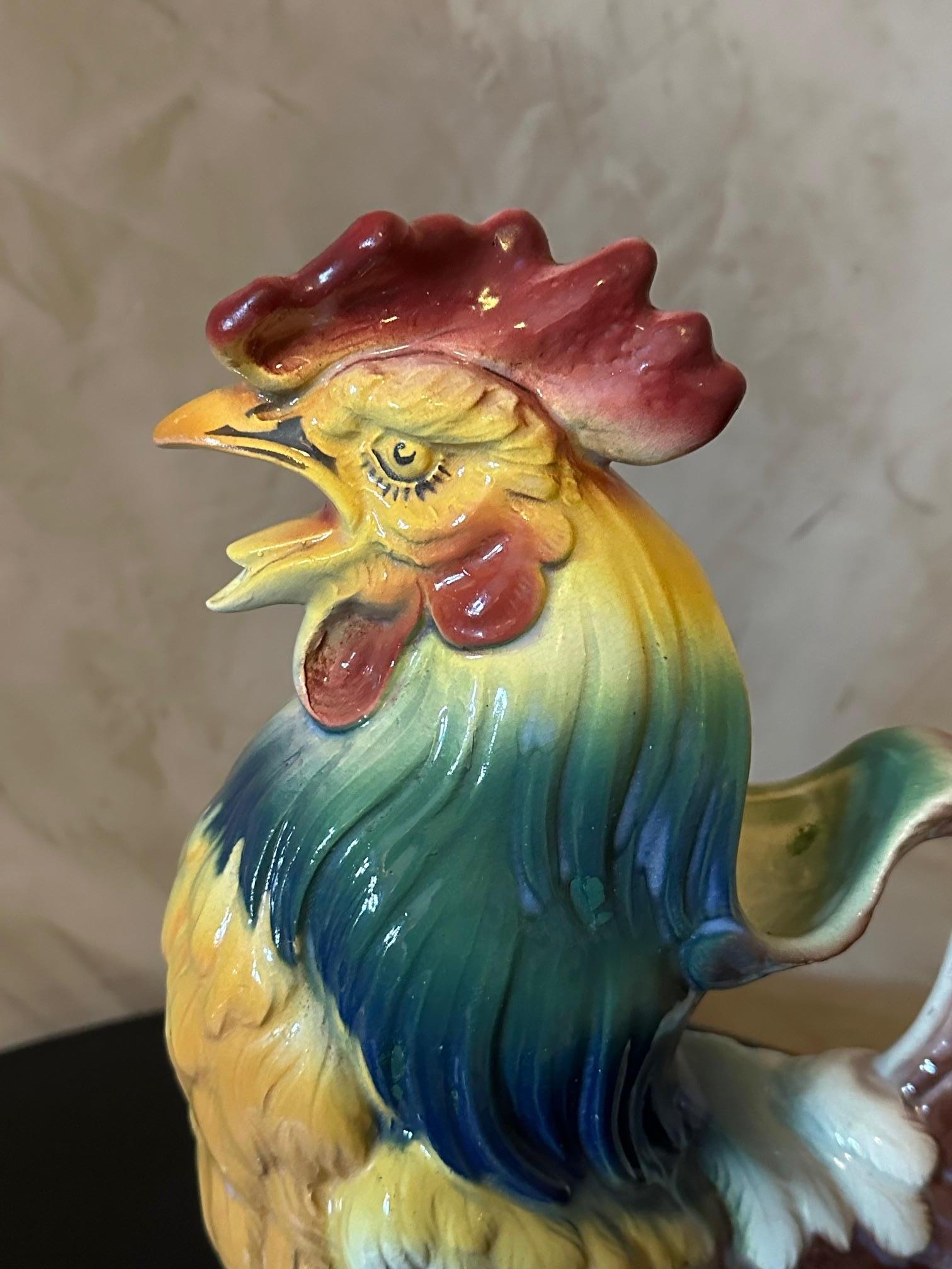 Ceramic 20th century Hand painted Rooster Barbotine Pitcher For Sale