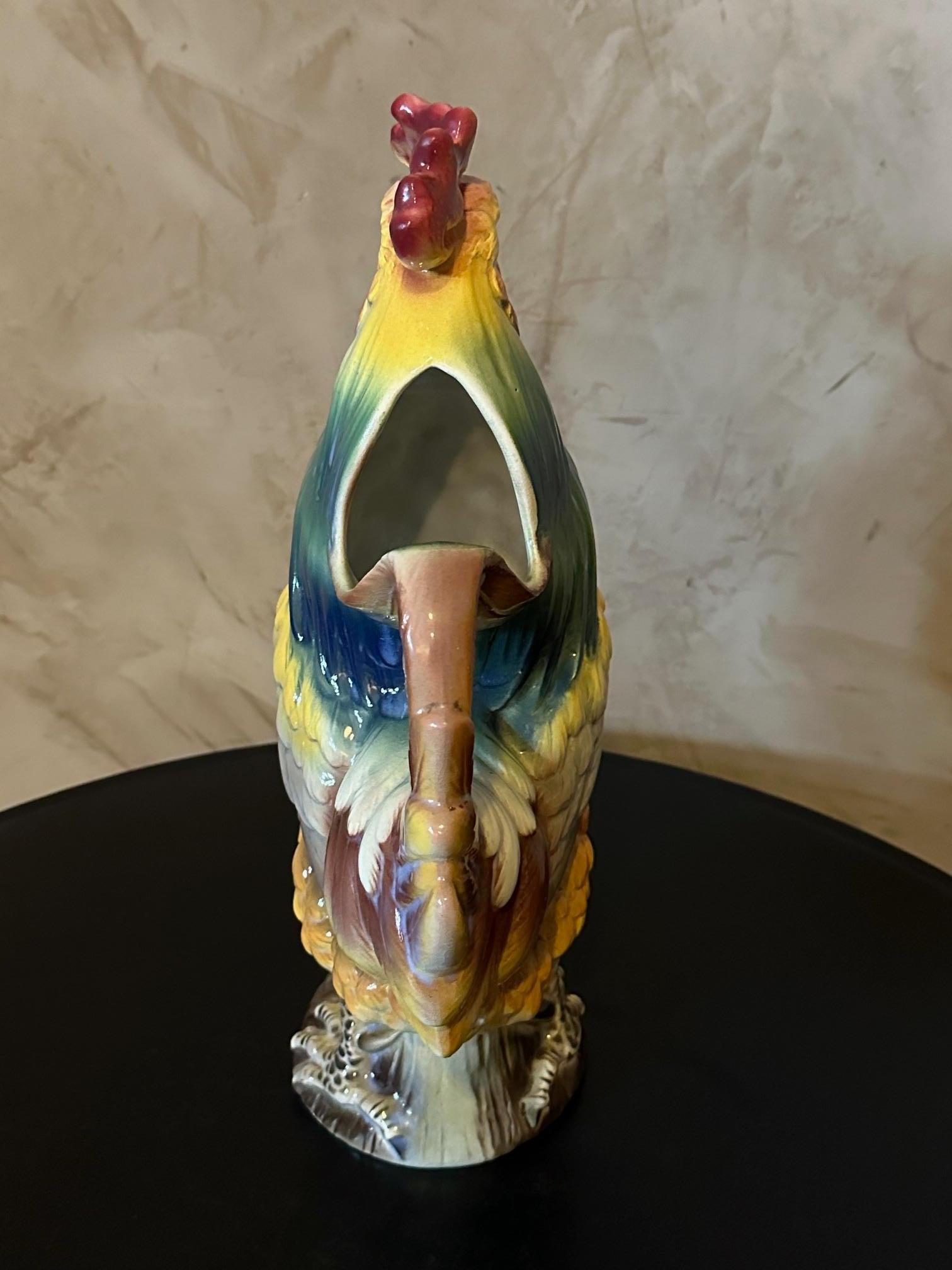 20th century Hand painted Rooster Barbotine Pitcher For Sale 1