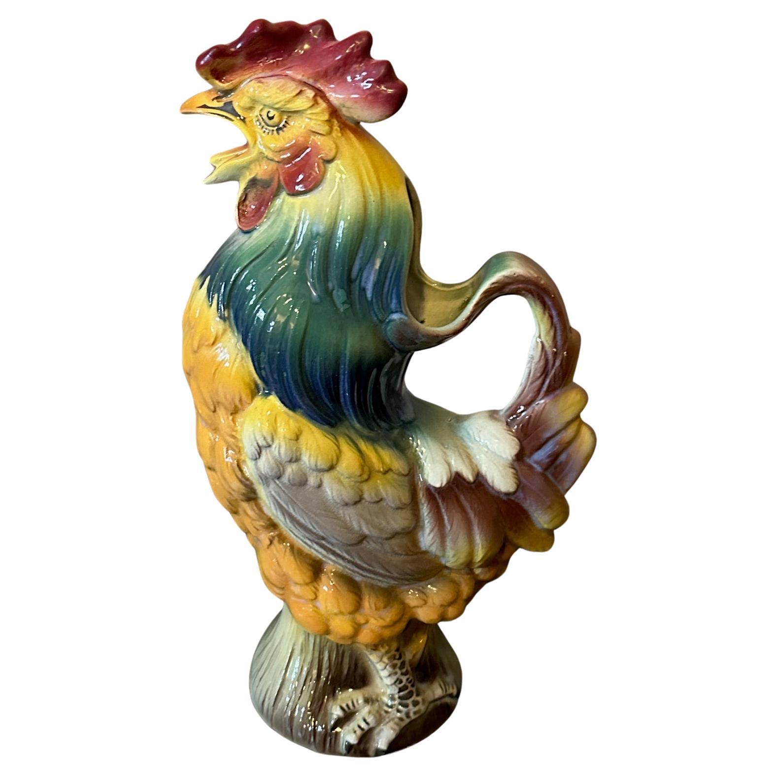 20th century Hand painted Rooster Barbotine Pitcher For Sale