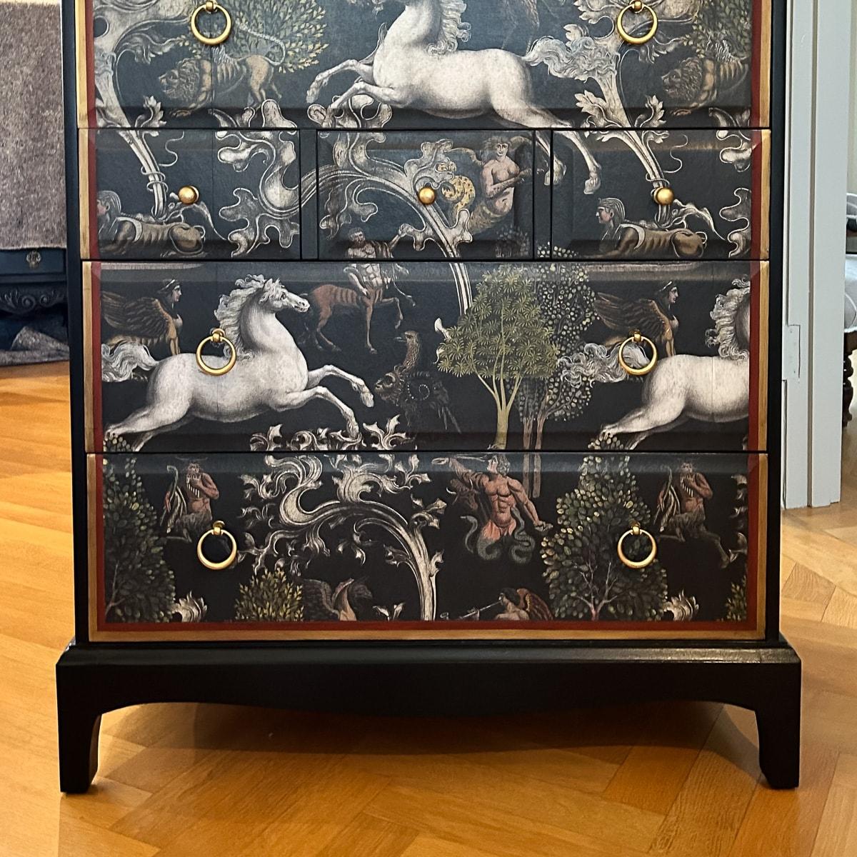 Wood 20th Century Hand Painted Stag Minstrel Tallboy Cabinet 