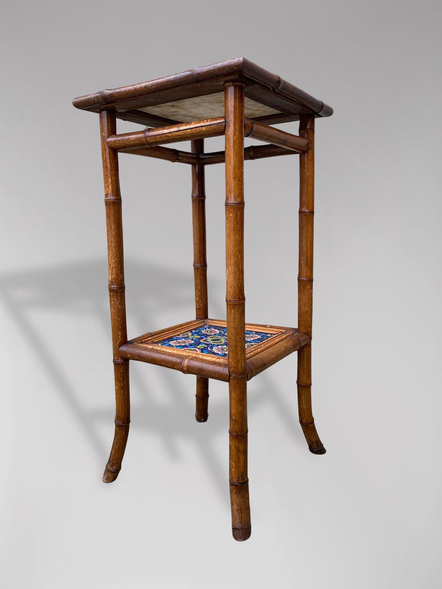 Polished 20th Century Hand Painted Tiled Tops Bamboo Side Table For Sale