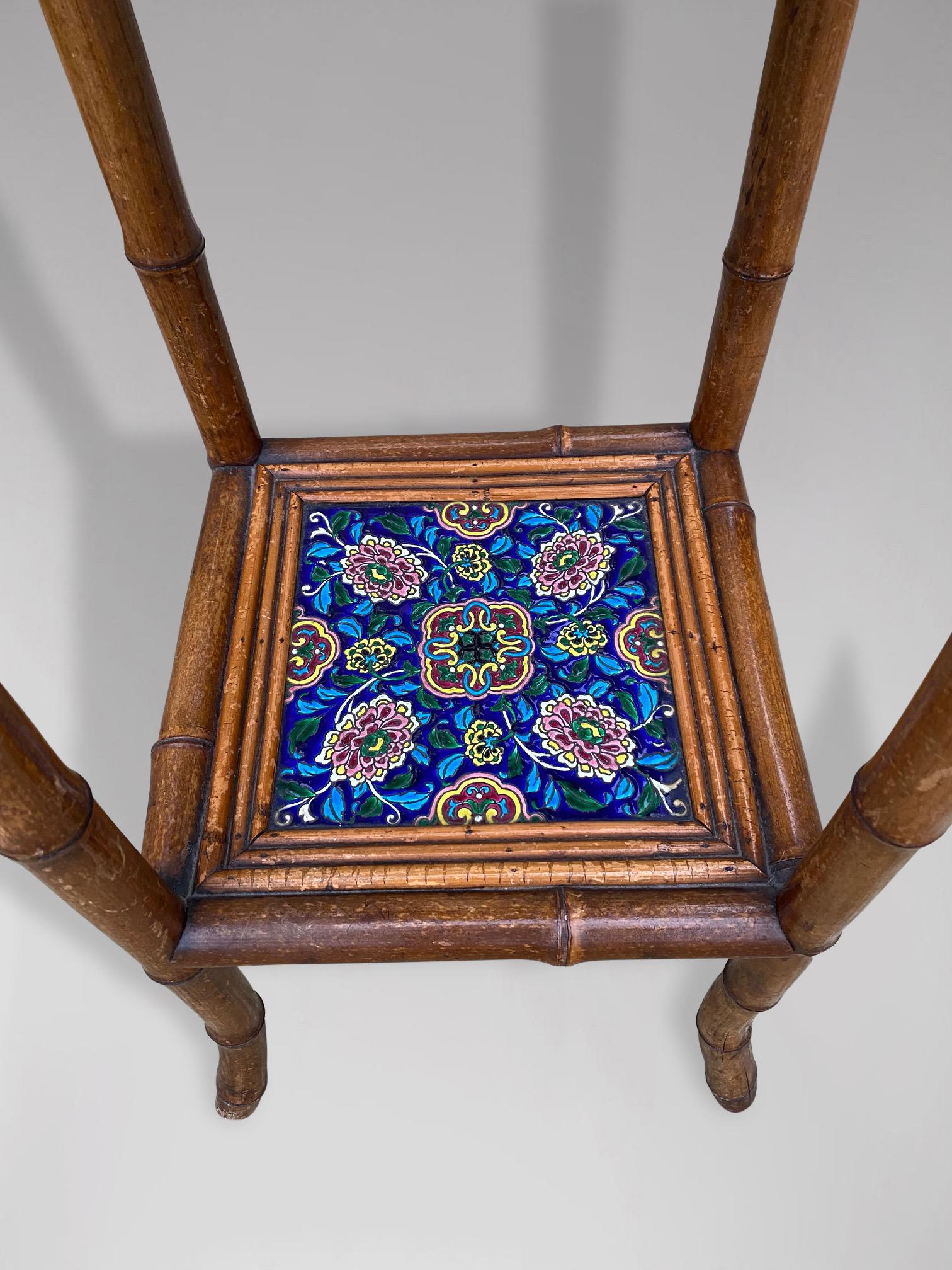20th Century Hand Painted Tiled Tops Bamboo Side Table For Sale 1