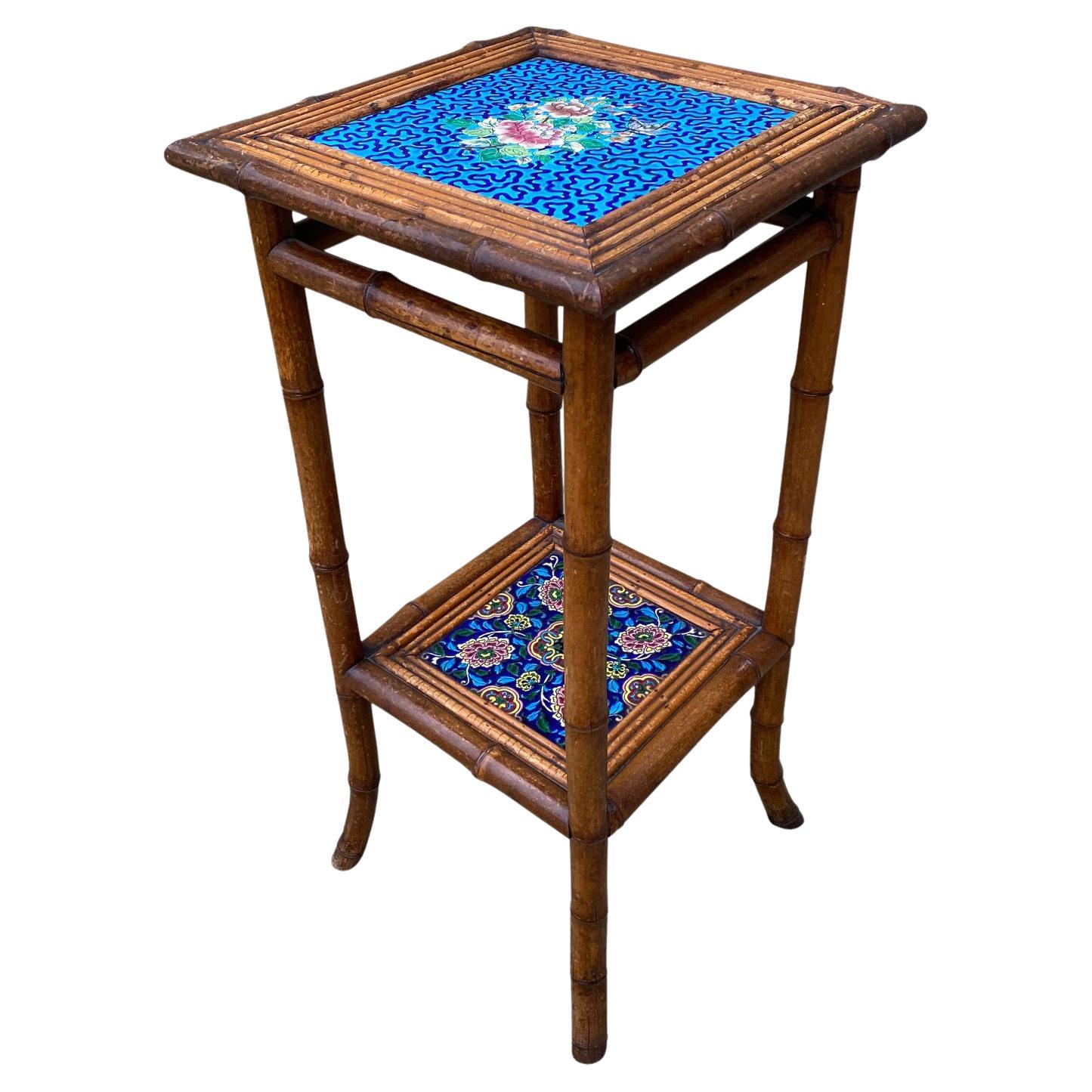 20th Century Hand Painted Tiled Tops Bamboo Side Table For Sale