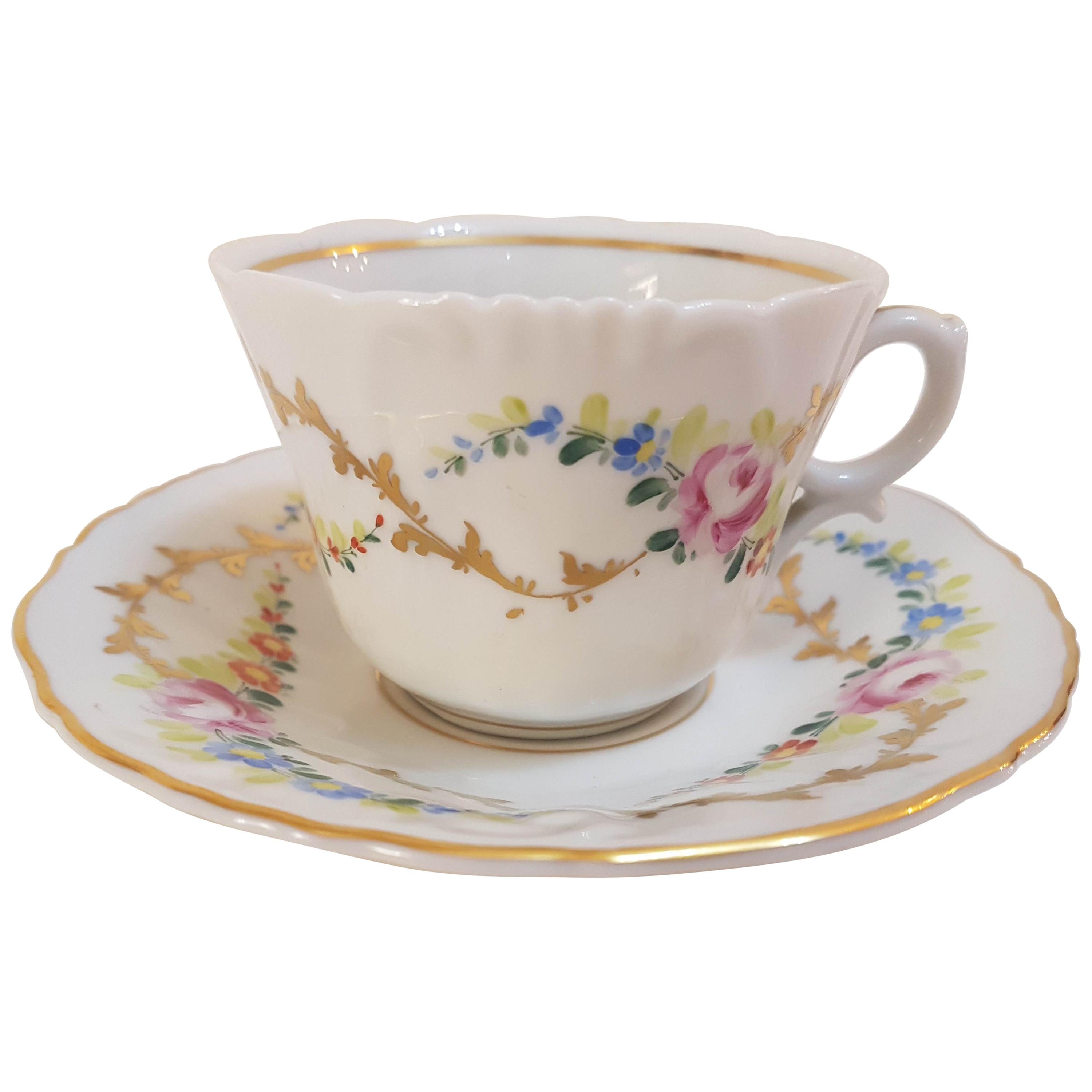 20th Century Hand-Painted Vista Alegre Porcelain Collectible Tea Cup and Saucer