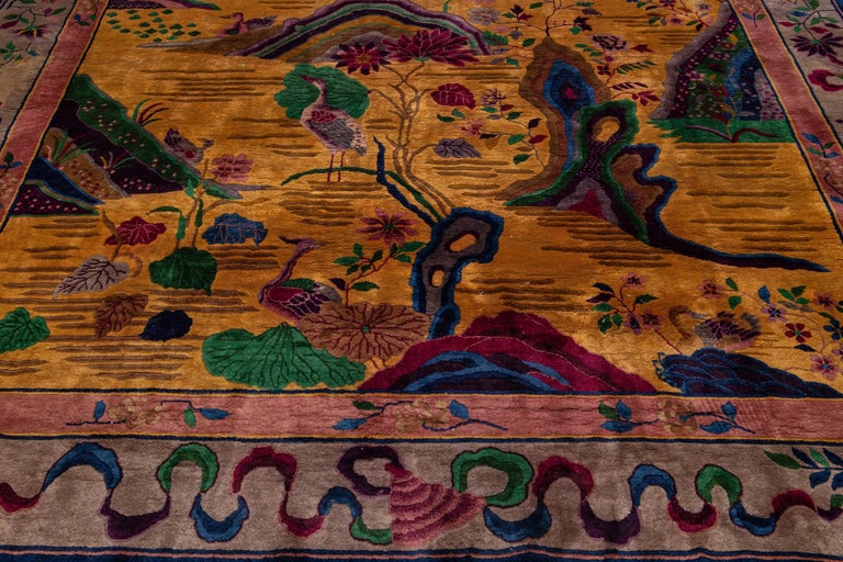 20th Century Handmade Floral Chinese Art Deco Wool Rug with Golden