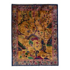 20th Century Handmade Floral Chinese Art Deco Wool Rug with Golden Field