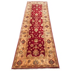 20th Century Handmade Wool Runner with Flowers and Leaves in Garnet, Beige, Gold 20th Century Handmade Wool Runner with Flowers and Leaves in Garnet, Beige, Gold
