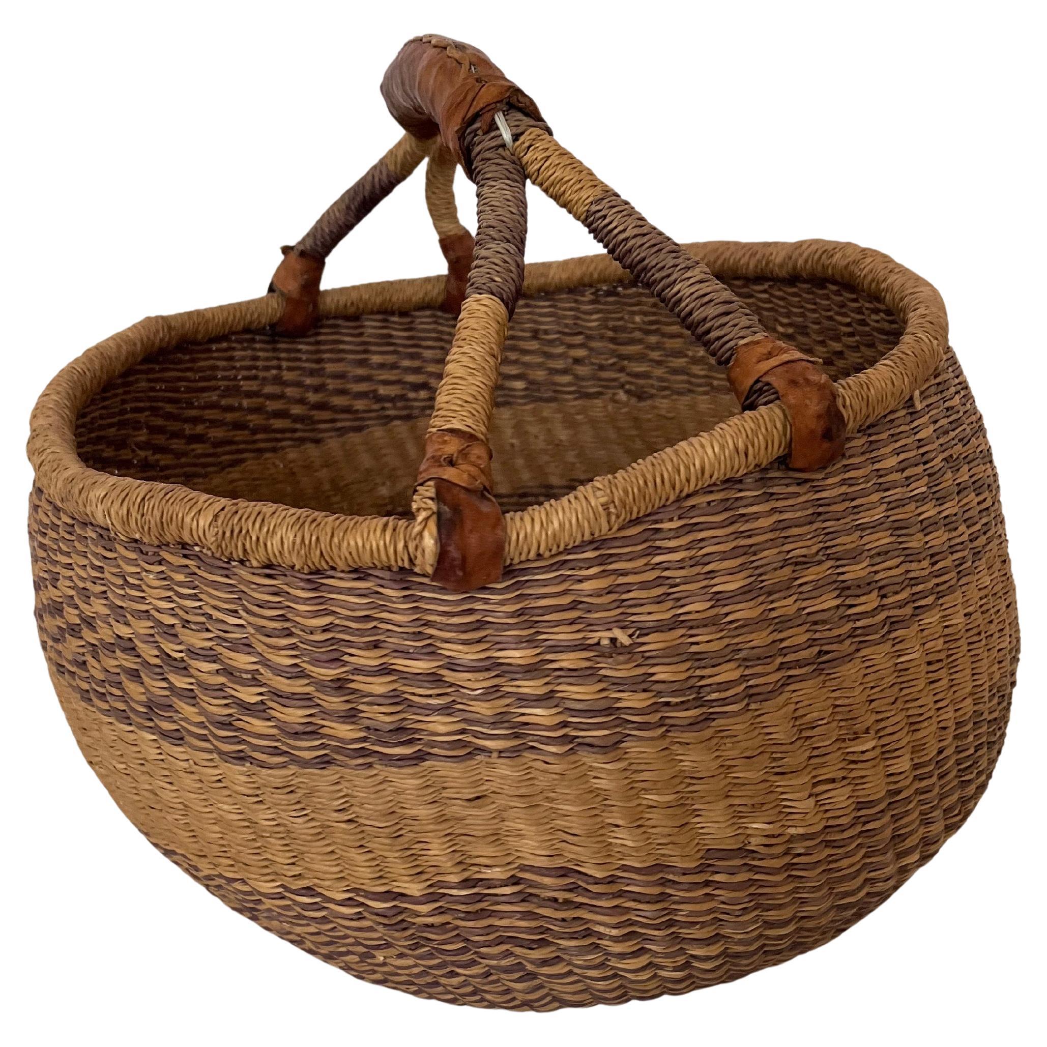 20th Century Handwoven Soft African Bolga Shopping Basket With Leather Handle