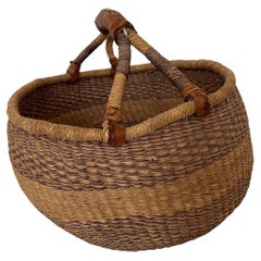 20th Century Handwoven Soft African Bolga Shopping Basket With Leather Handle