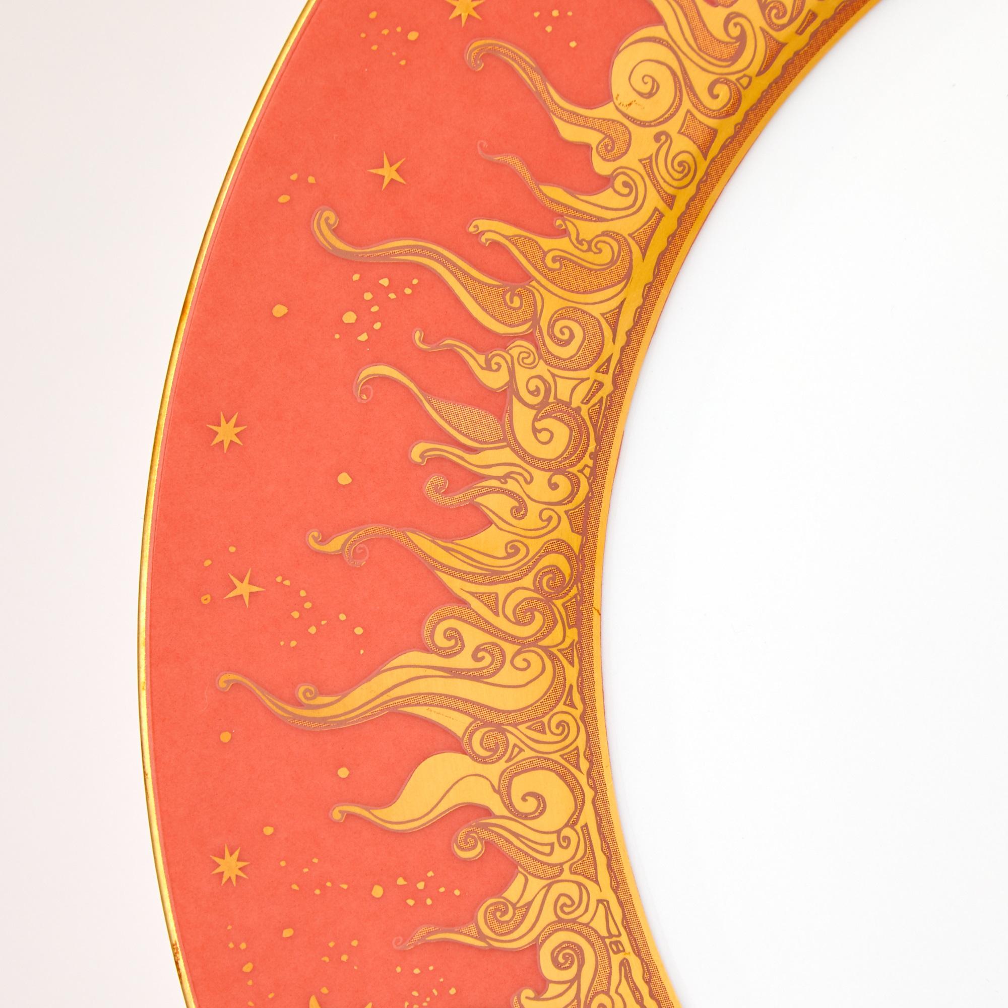 Eleva tu experiencia gastronómica con este impresionante juego de bajoplatos/cargadores de porcelana Haviland Limoges para 10 personas, fabricado en el siglo XX. Cada pieza presenta un elegante diseño Soleil pintado a mano, realzado por intrincados