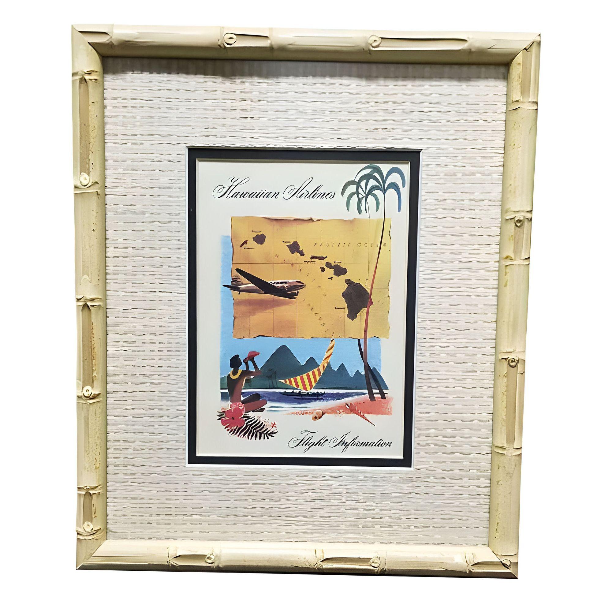 Papier Affiche de voyage hawaïenne du 20e siècle dans un cadre en bambou, lot de 3 en vente
