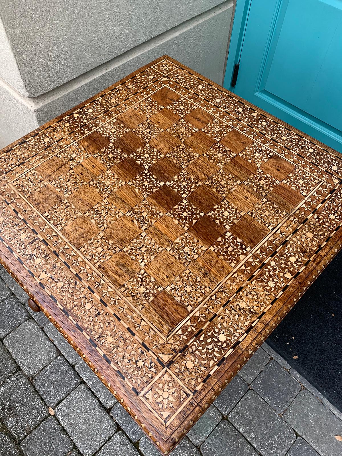 20th Century Heavily Inlaid Teak & Satinwood Square Game Table, Checkerboard Top For Sale 4