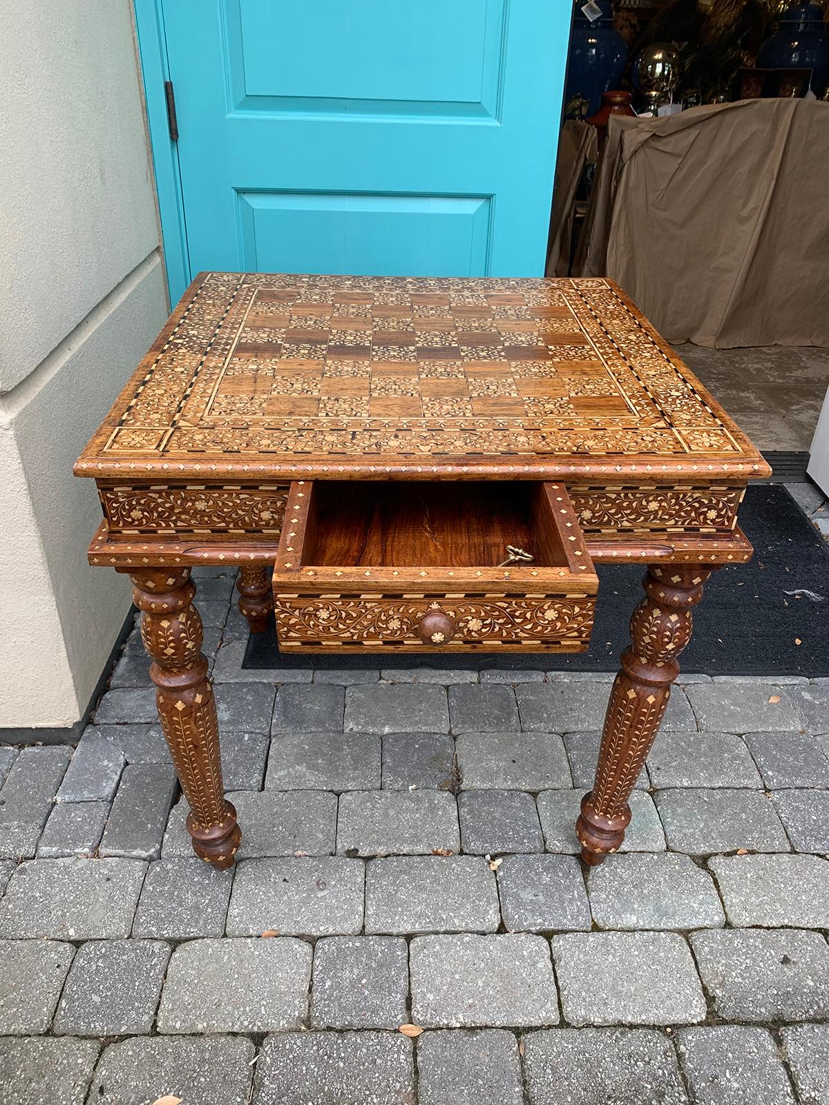 Inlay 20th Century Heavily Inlaid Teak & Satinwood Square Game Table, Checkerboard Top For Sale
