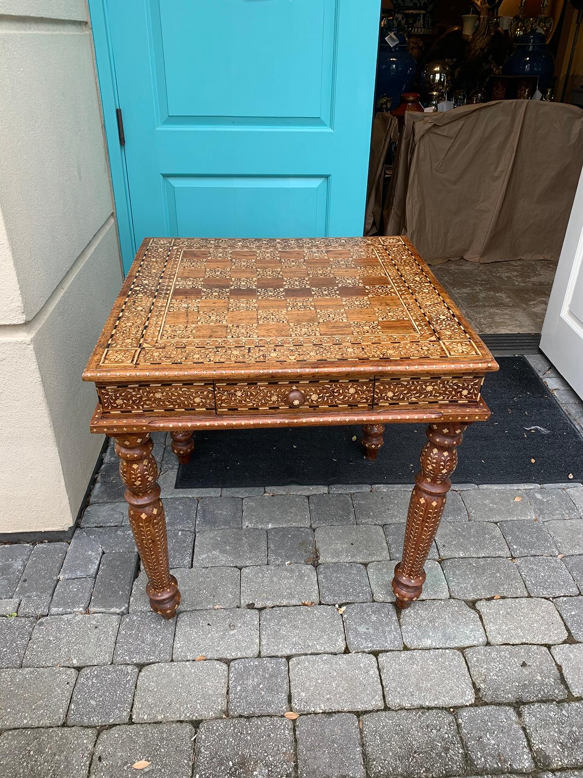 20th Century Heavily Inlaid Teak & Satinwood Square Game Table, Checkerboard Top In Good Condition For Sale In Atlanta, GA