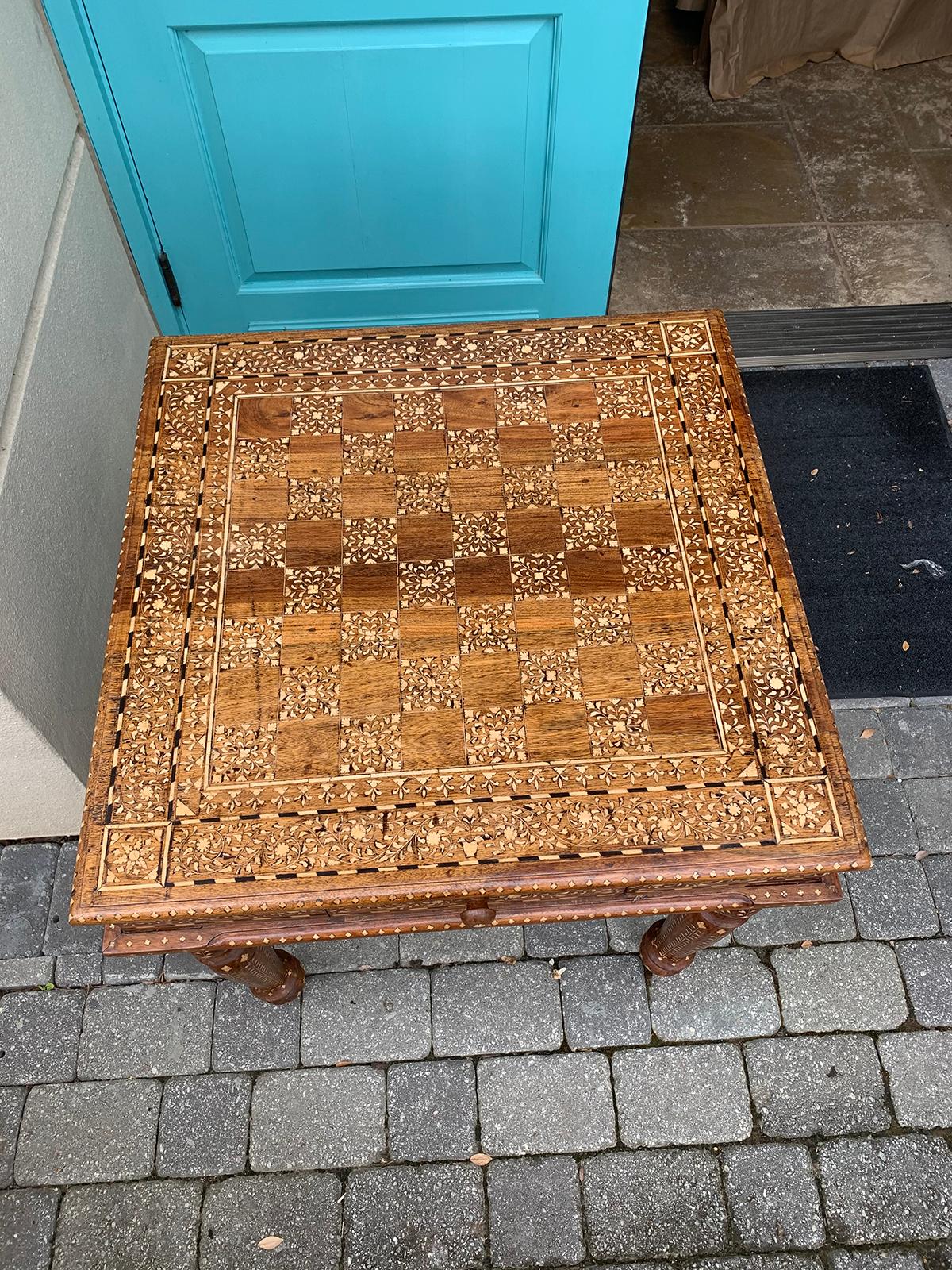 Wood 20th Century Heavily Inlaid Teak & Satinwood Square Game Table, Checkerboard Top For Sale