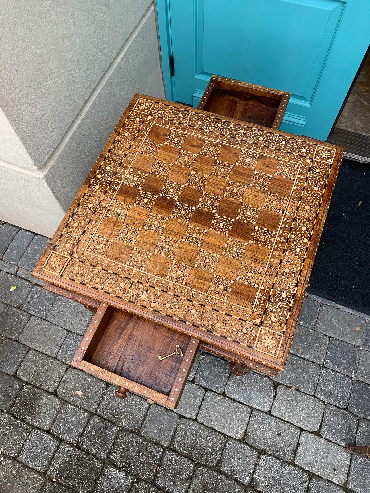 20th Century Heavily Inlaid Teak & Satinwood Square Game Table, Checkerboard Top For Sale 1