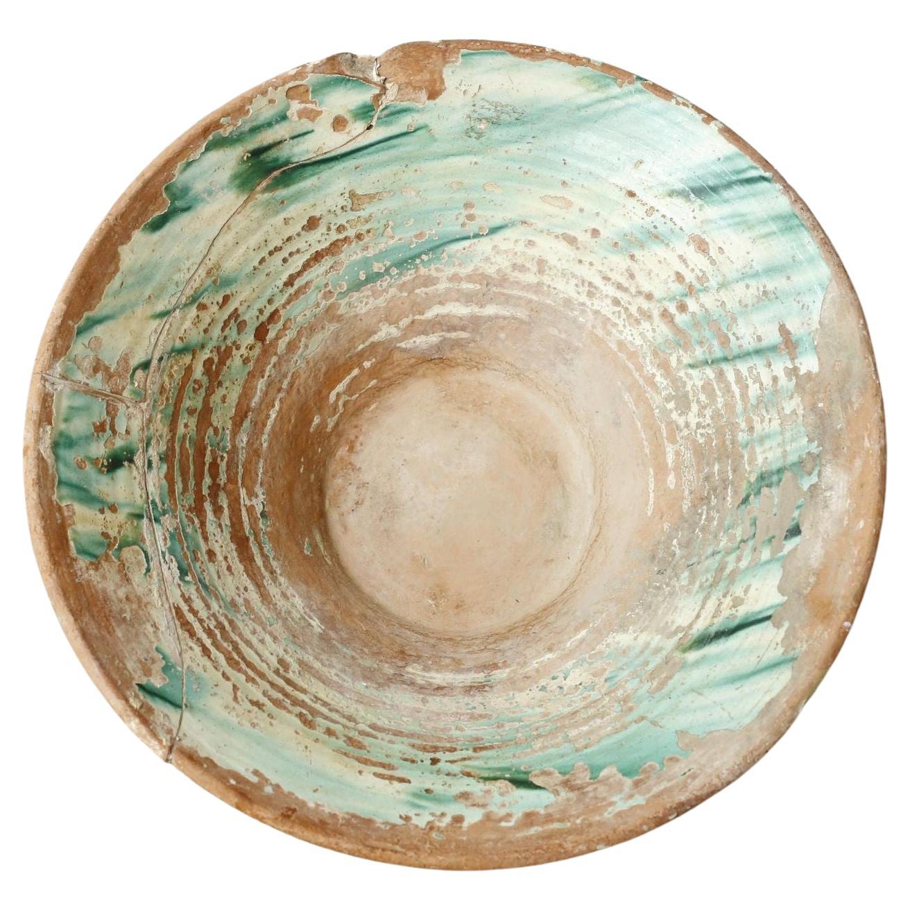 20th Century Heavily Worn Green Glazed Pancheon For Sale