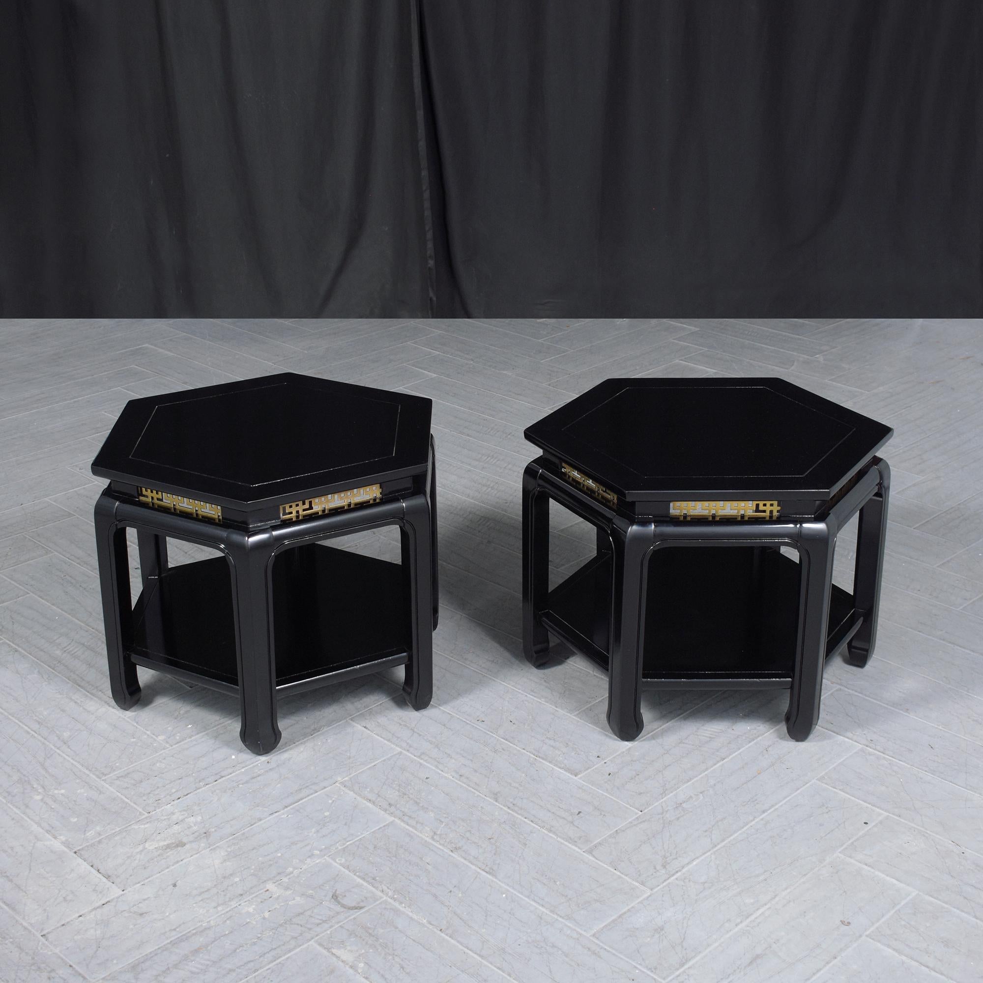 Step into the world of vintage luxury with our elegant pair of hexagon side tables, a masterful creation from the renowned J.B. Van Sciver Co. from the 20th century. These tables, having undergone a fresh ebonizing process, now boast a deep, rich