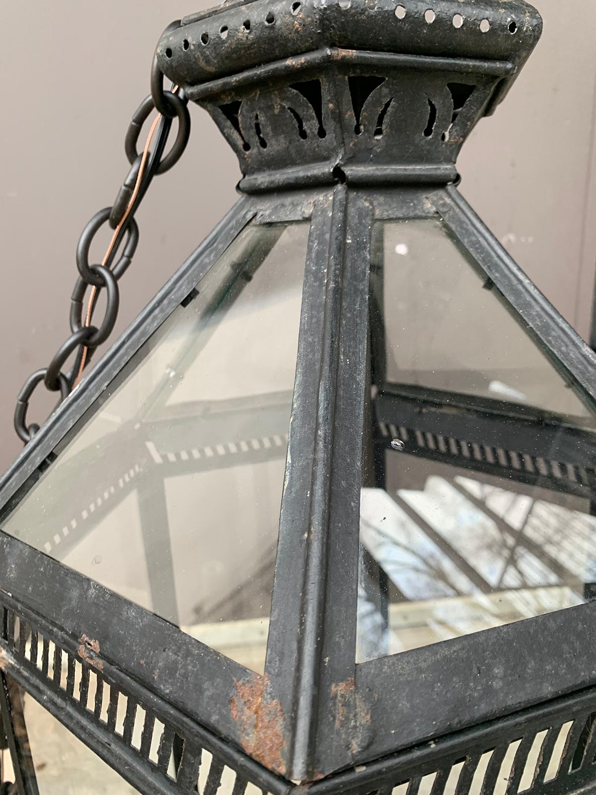 20th Century Hexagonal Black Metal Four-Light Hanging Lantern 1