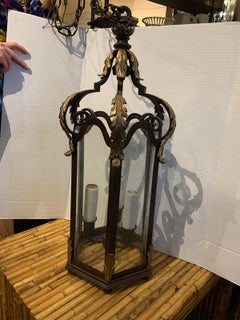 20th Century Hexagonal Iron Three-Light Lantern, Gilt Acanthus Leaf Details