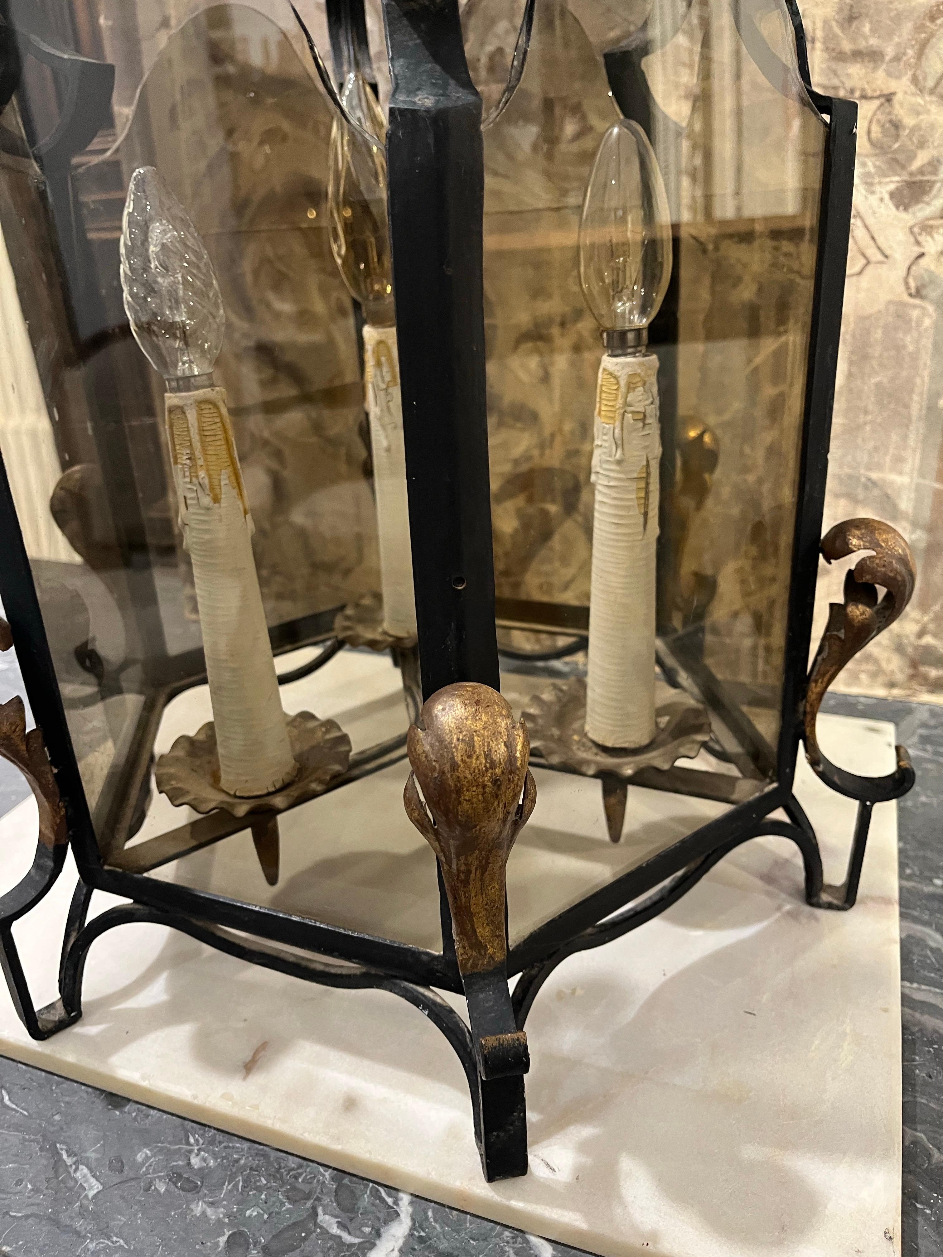 20th Century Hexagonal Wrought Iron Ceiling Lantern with Three Lights For Sale 5