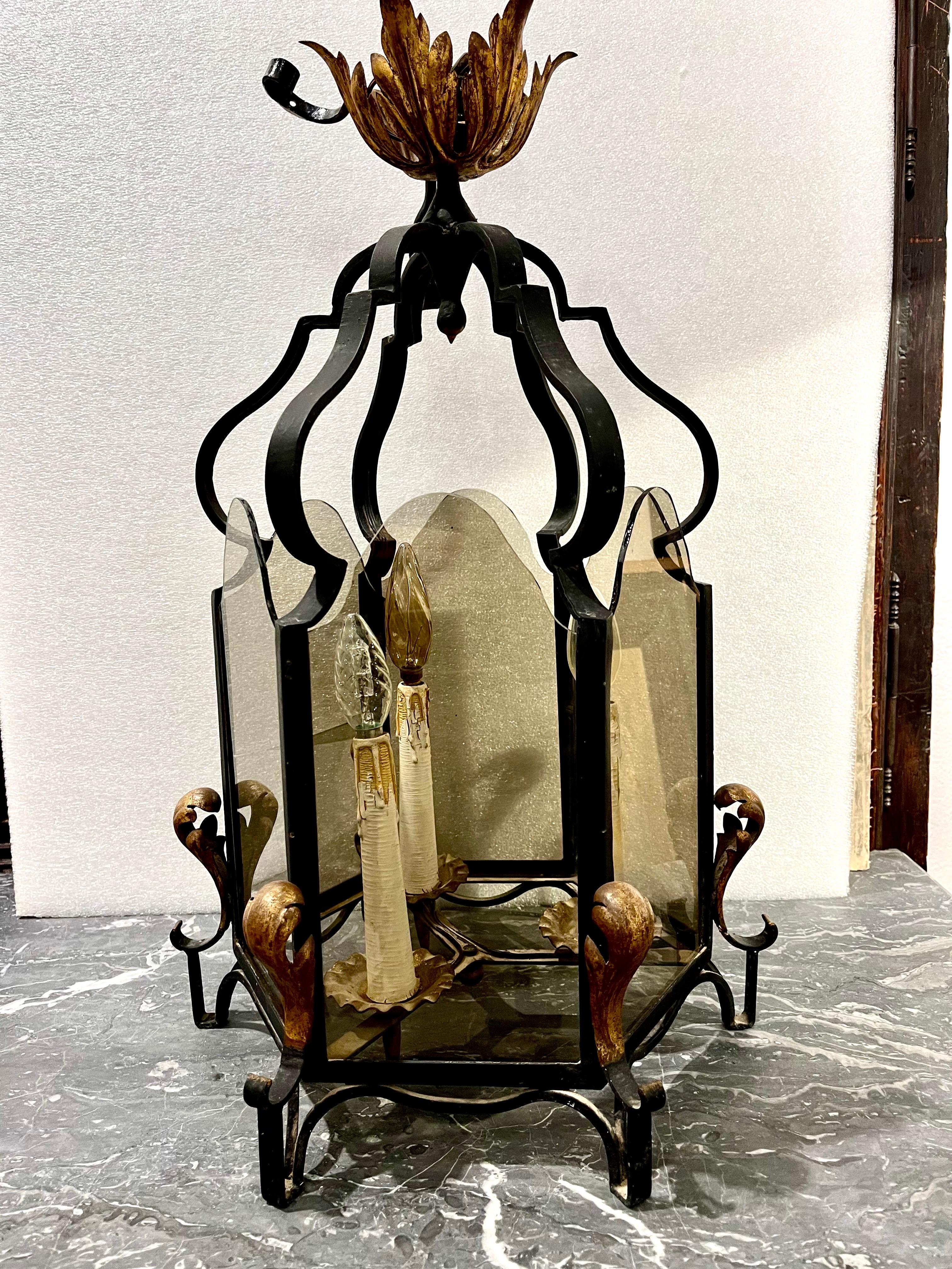 20th Century Hexagonal Wrought Iron Ceiling Lantern with Three Lights For Sale 10