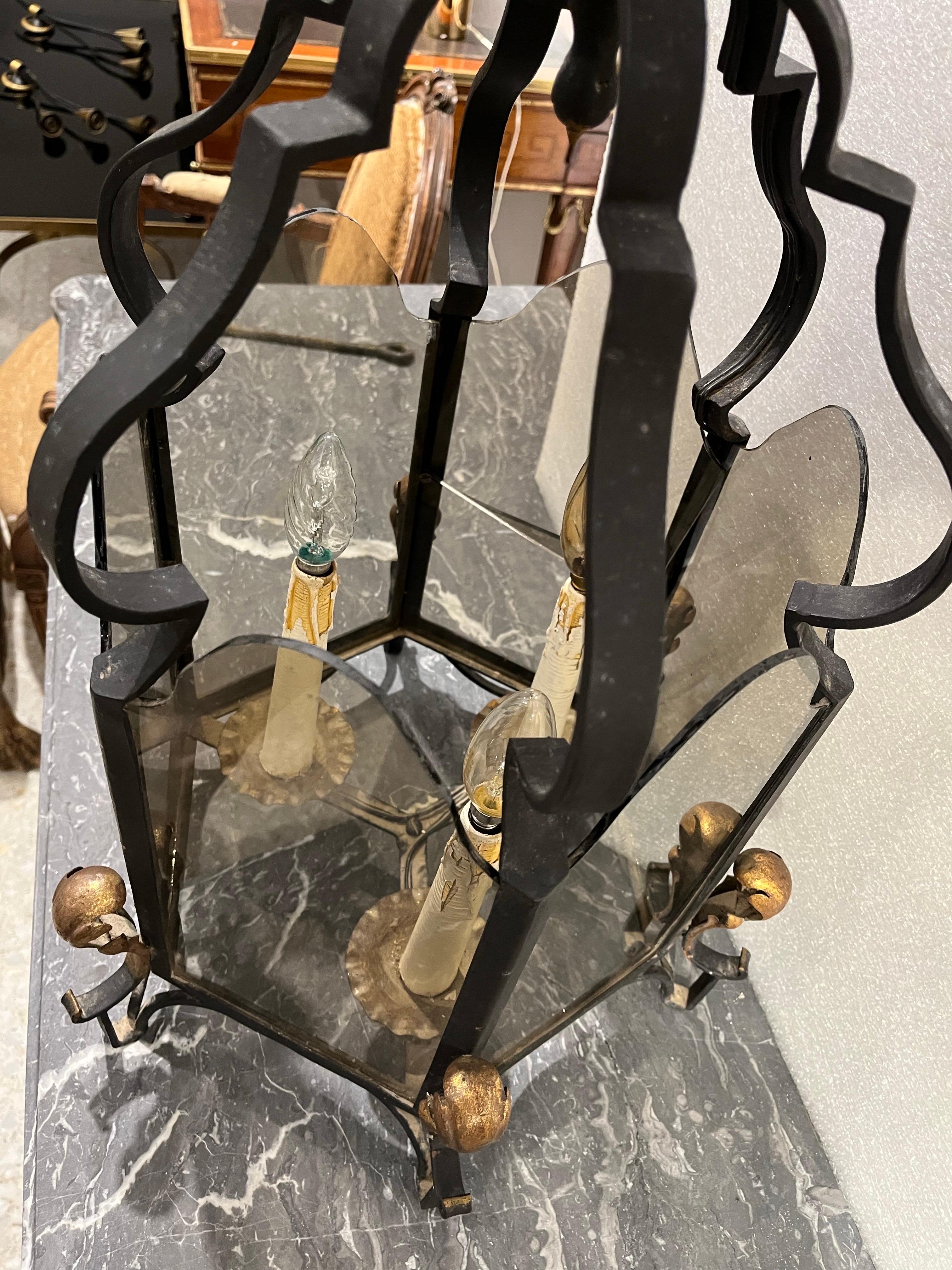 20th Century Hexagonal Wrought Iron Ceiling Lantern with Three Lights For Sale 11
