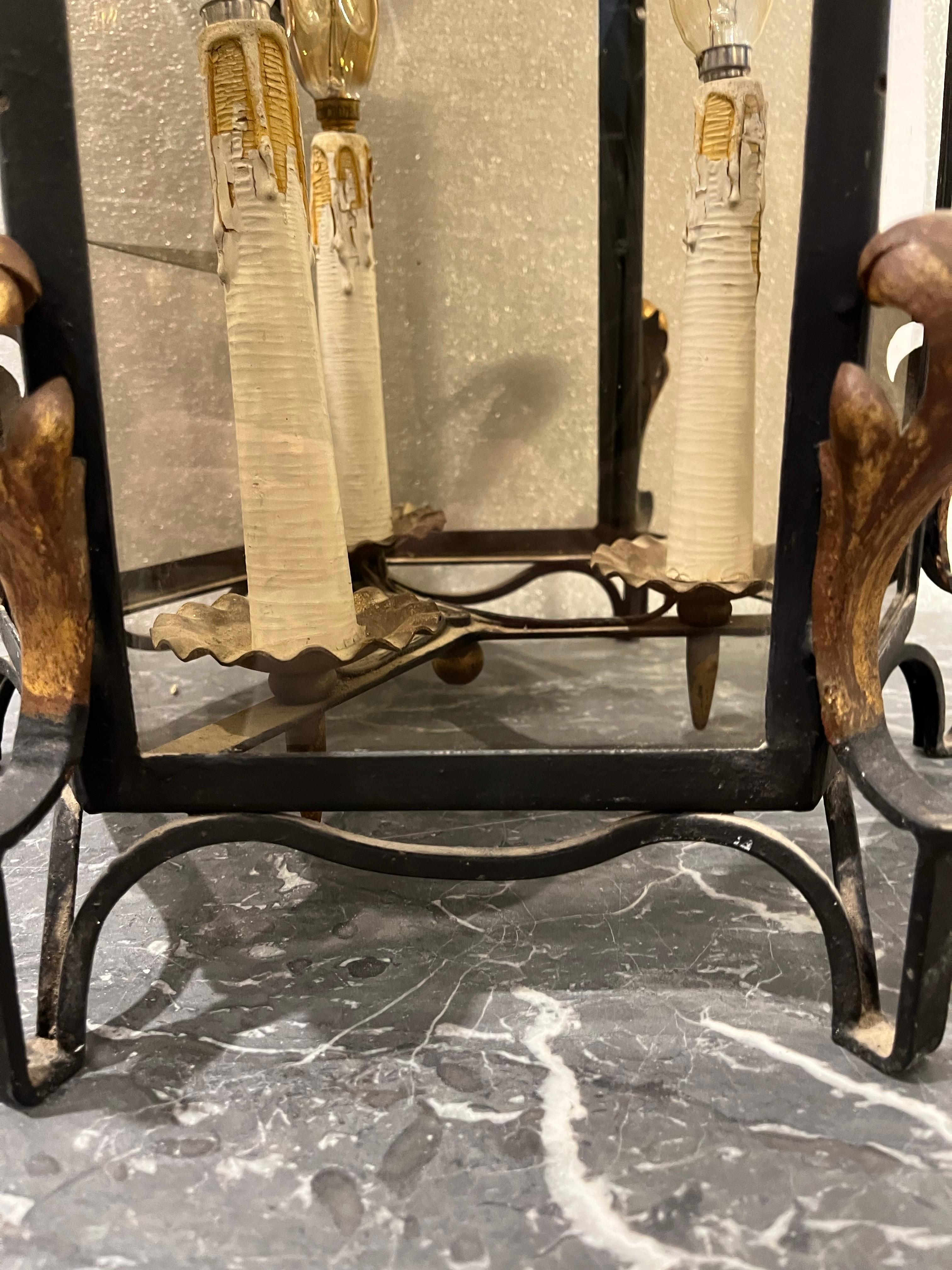 20th Century Hexagonal Wrought Iron Ceiling Lantern with Three Lights For Sale 12