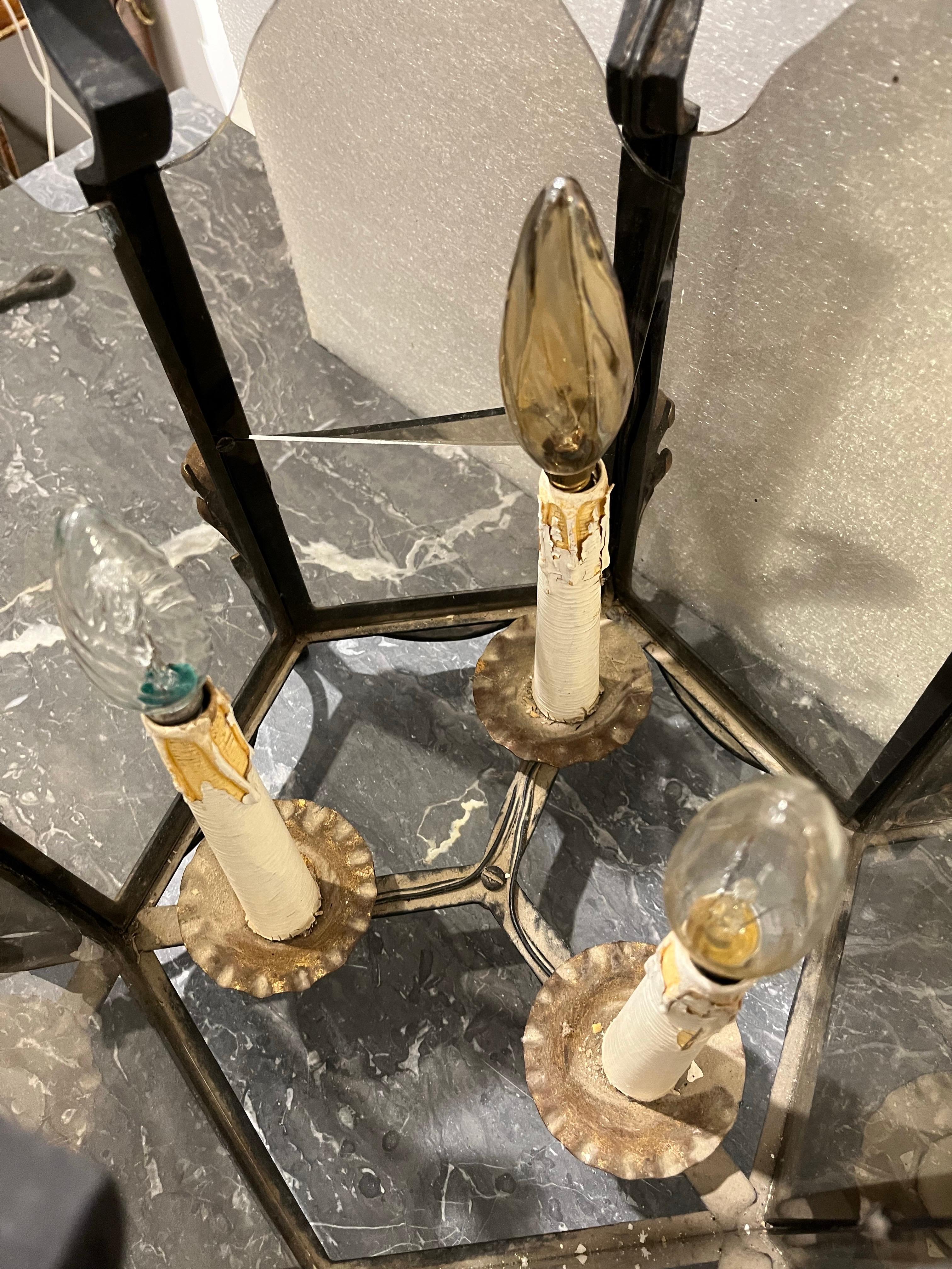 Neoclassical 20th Century Hexagonal Wrought Iron Ceiling Lantern with Three Lights For Sale