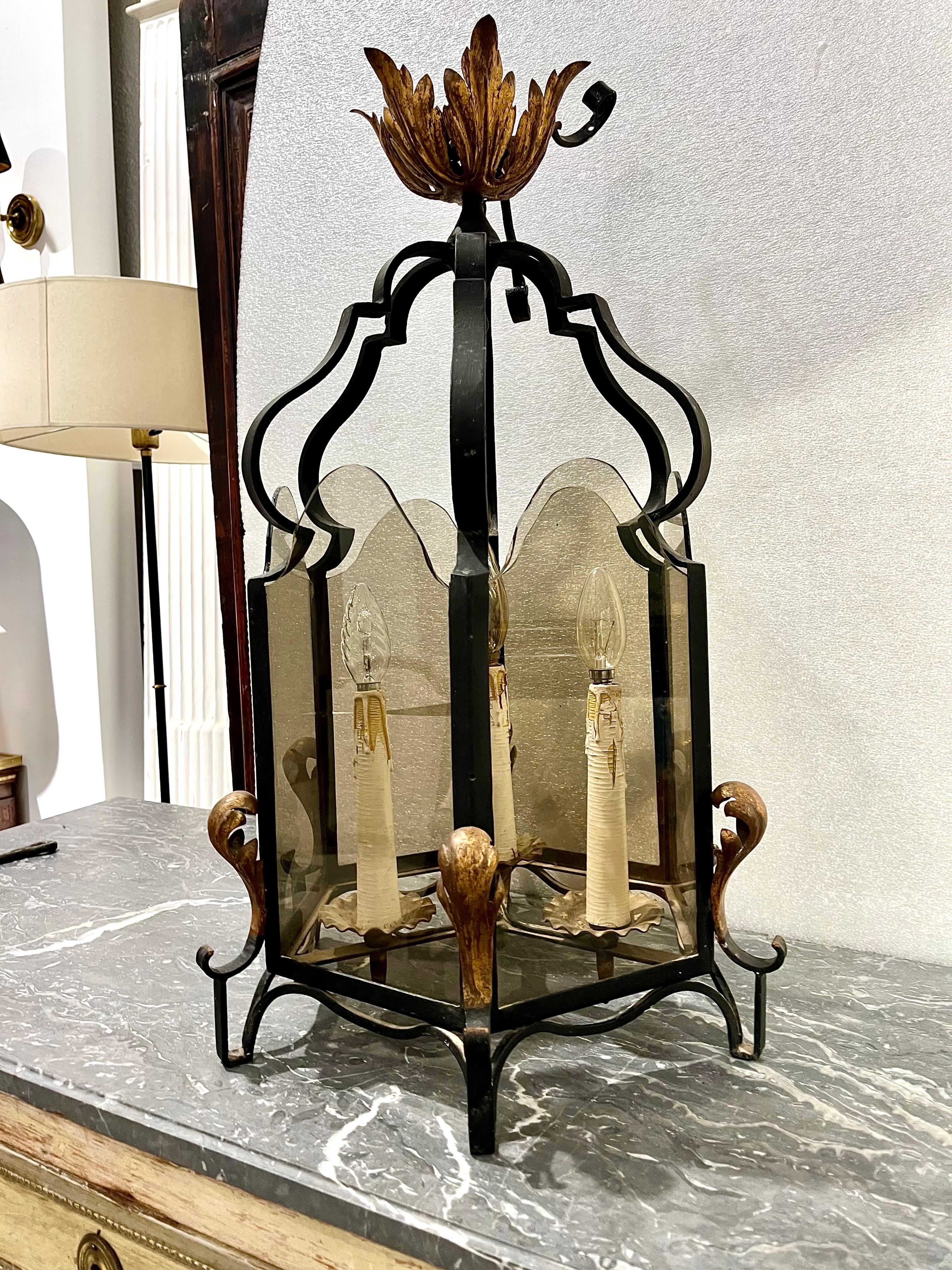 French 20th Century Hexagonal Wrought Iron Ceiling Lantern with Three Lights For Sale