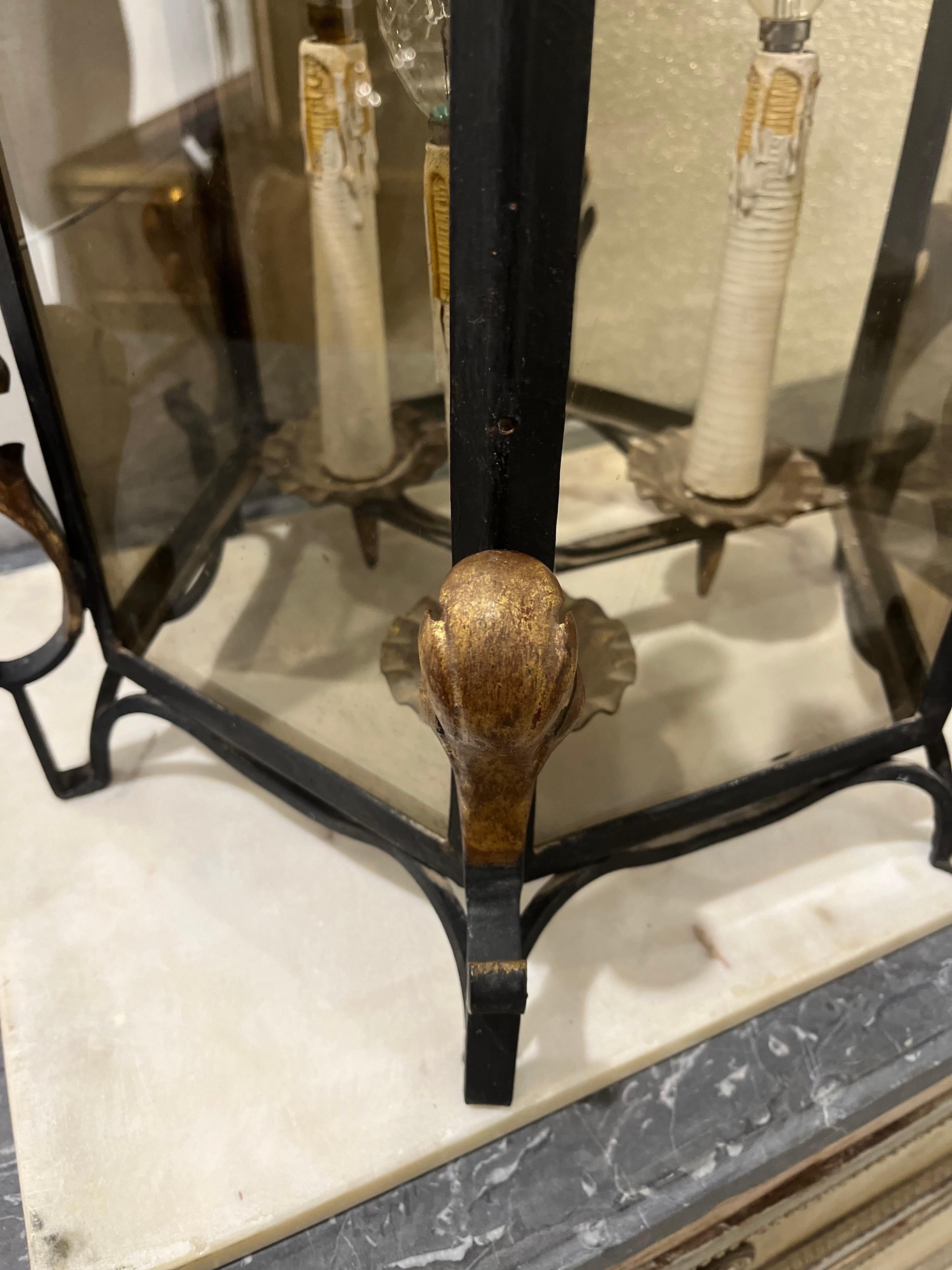 20th Century Hexagonal Wrought Iron Ceiling Lantern with Three Lights For Sale 2
