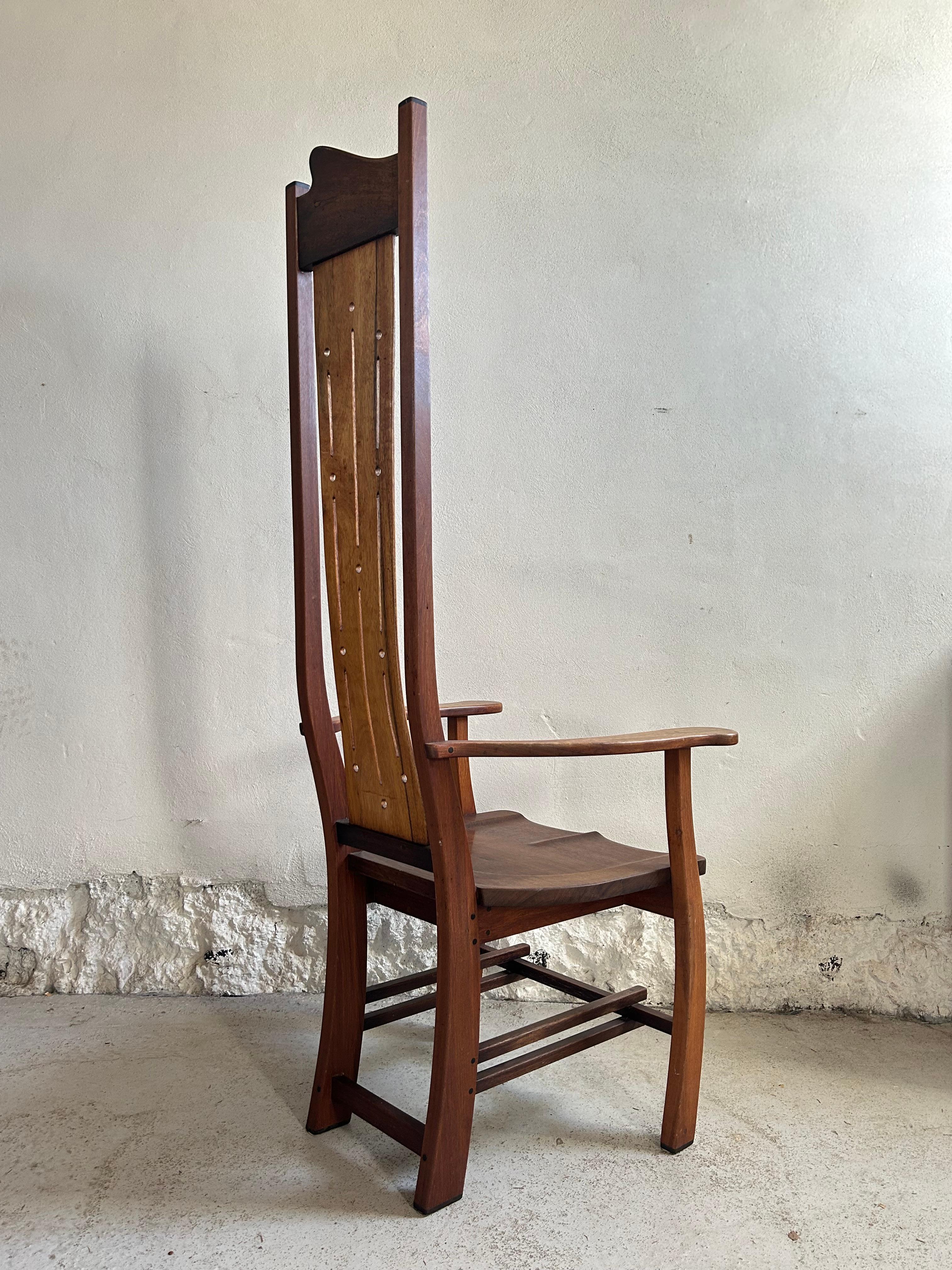Hand-Crafted 20th Century High-Back Armchair in Solid Wood, Arts & Crafts For Sale