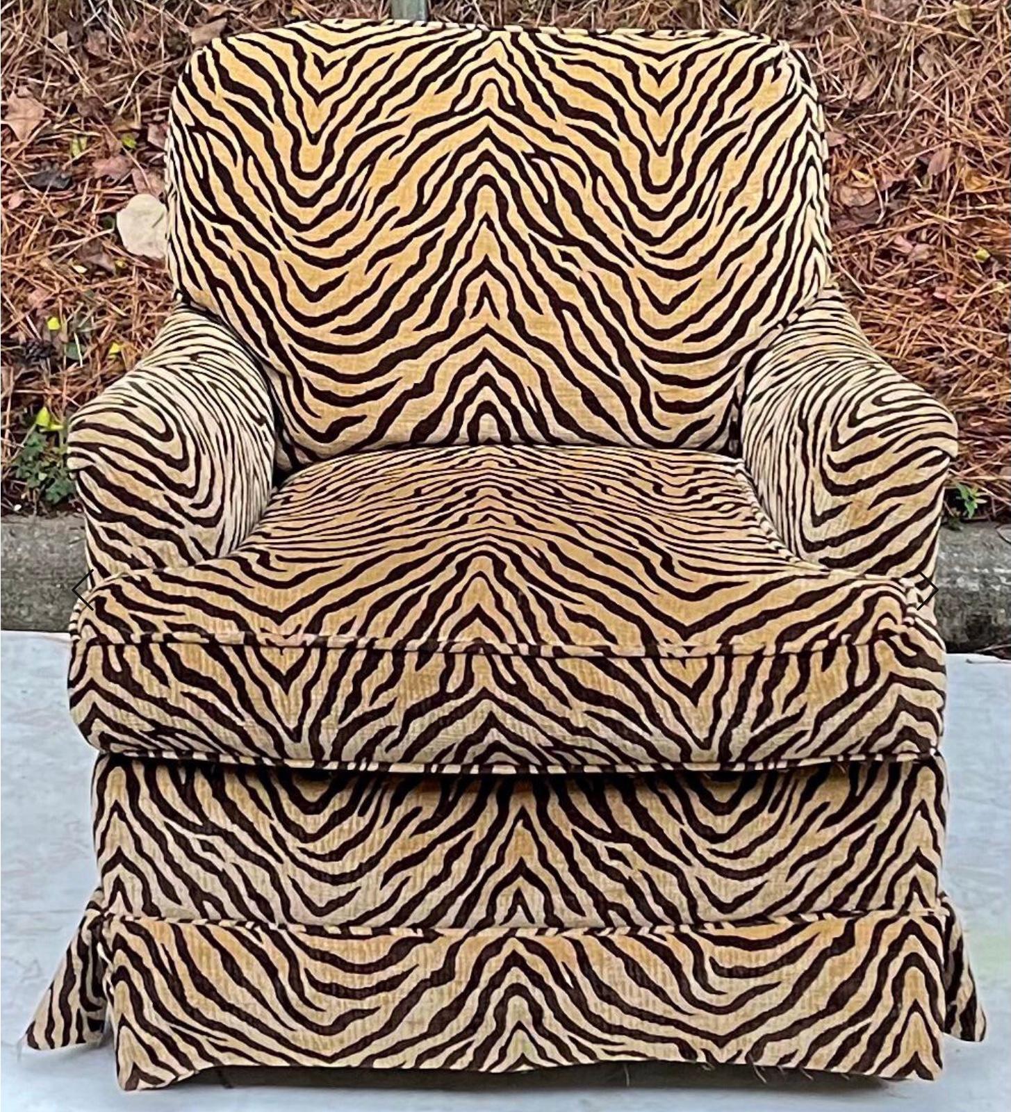Love this! This is a good looking Highland House club chair upholstered in tiger velvet or a low pile chenille. It is marked and in very good condition.