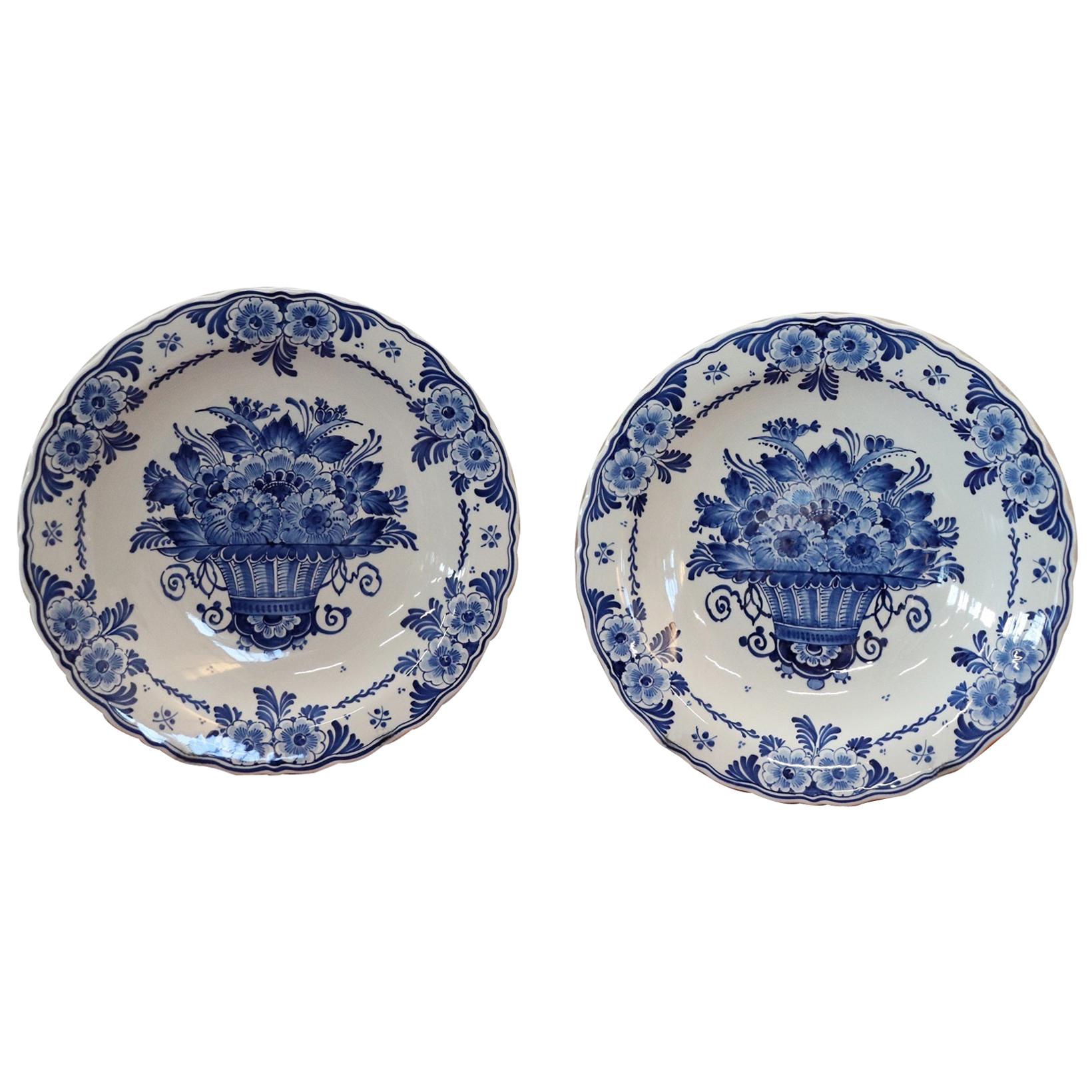 20th Century Holland Ceramic Platters with Blue Floreal Decorations by Delft