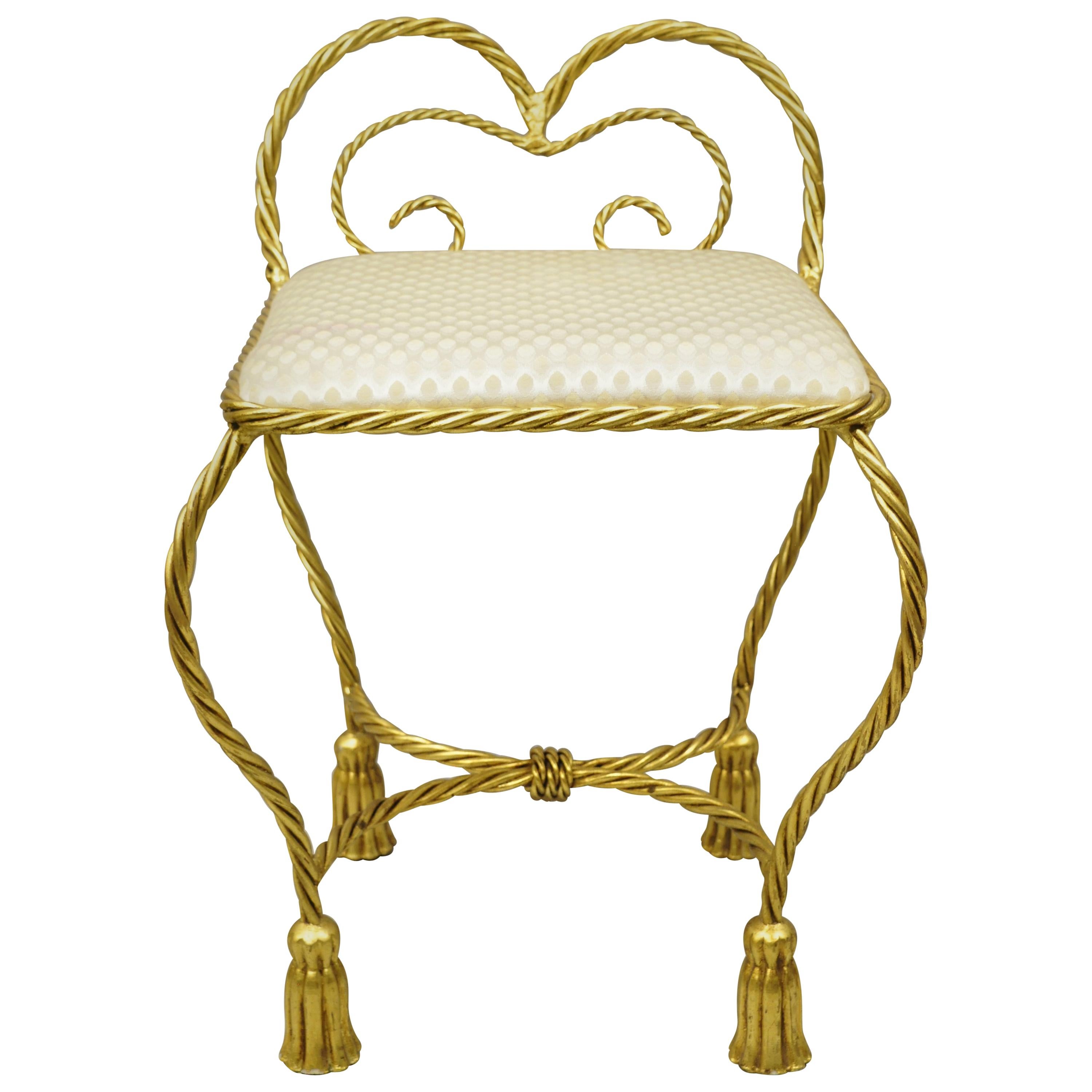 20th Century Hollywood Regency Gold Gilt Iron Rope Tassel Small Vanity Chair