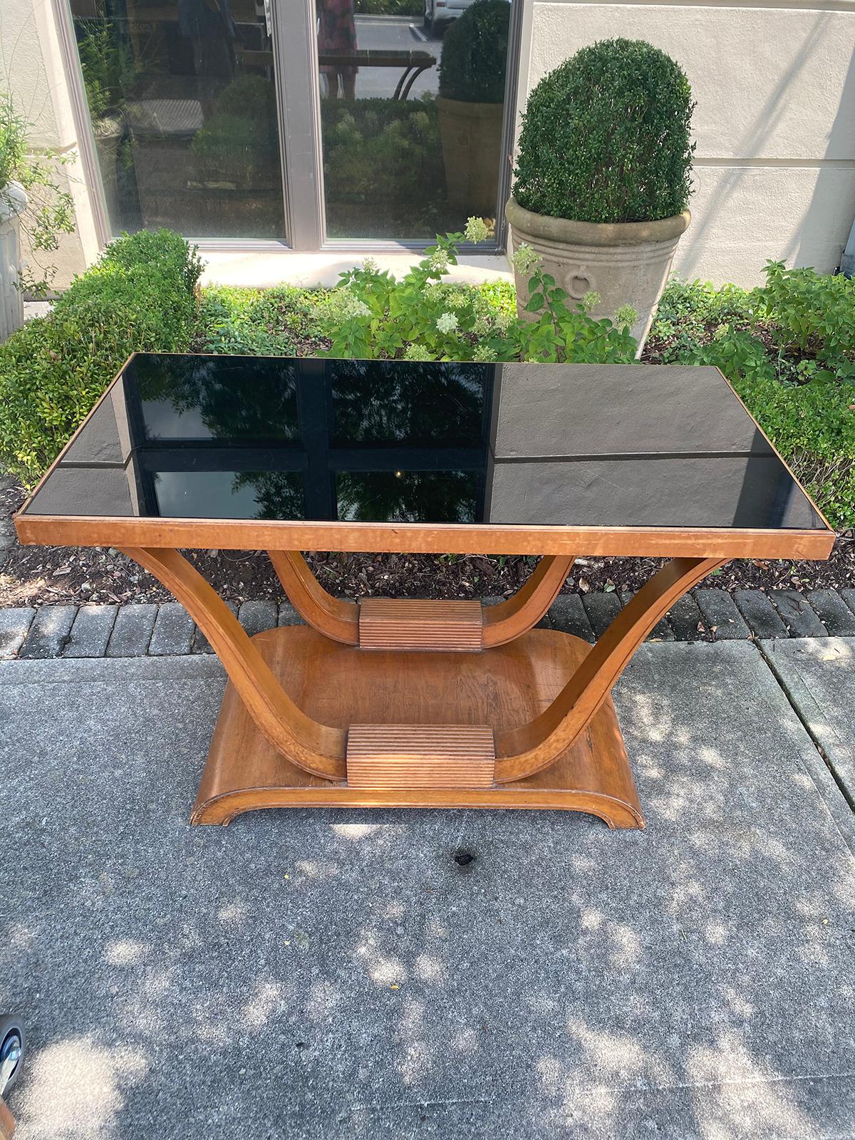 20th Century Hollywood Regency Mahogany Console with Inset Black Mirror Glass In Good Condition In Atlanta, GA