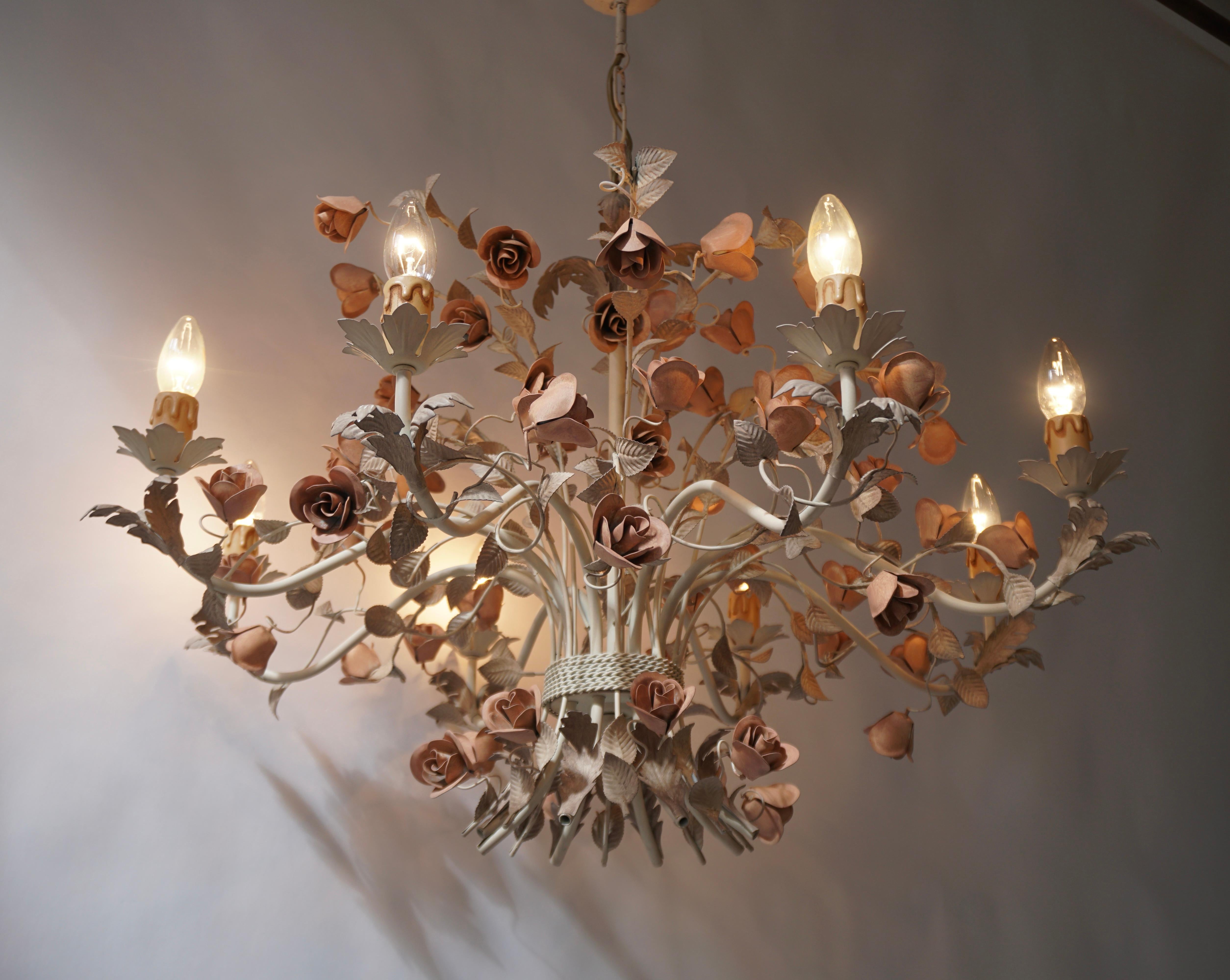 20th Century Hollywood Regency Style Chandelier with Pink Roses 3