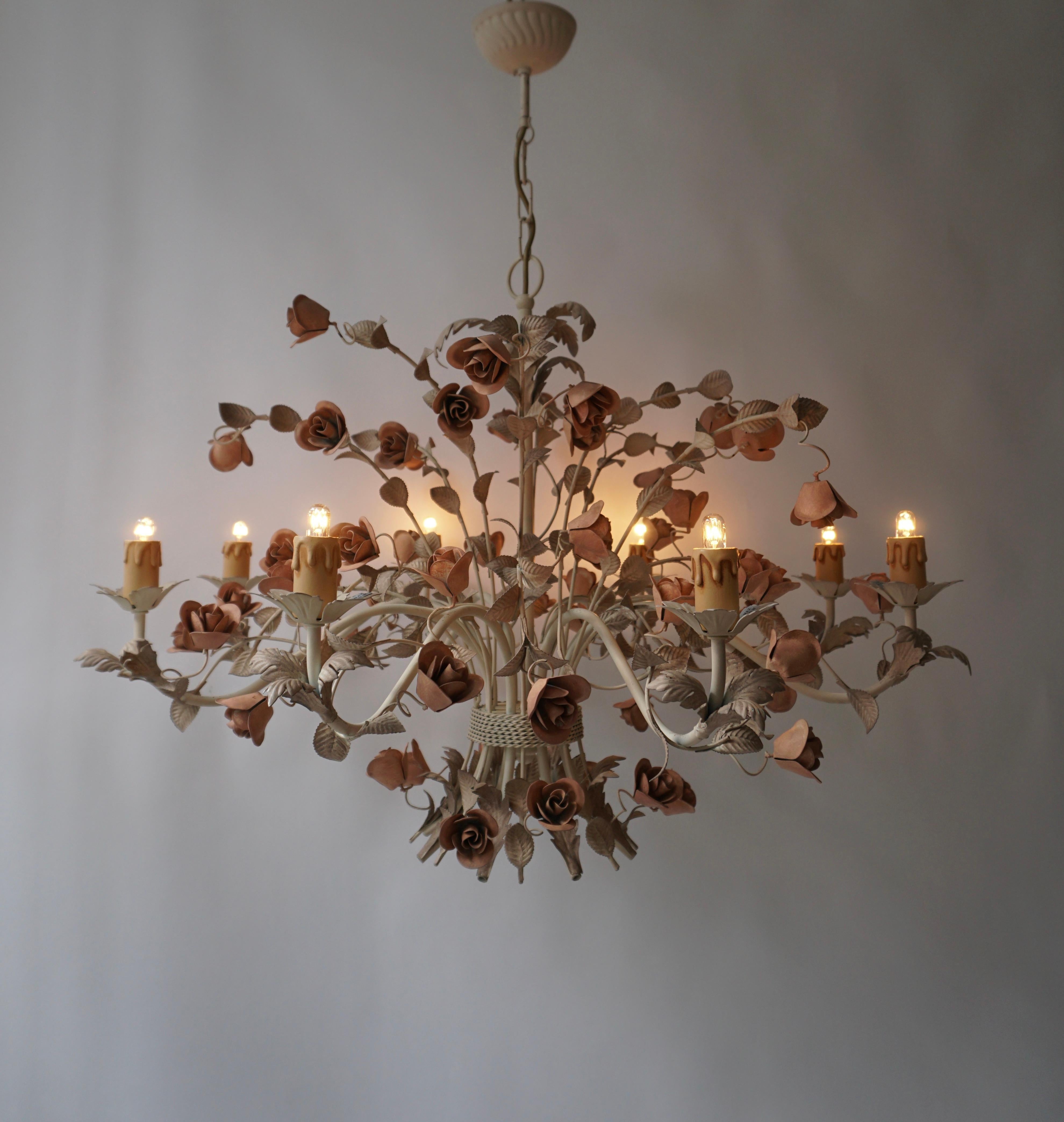 20th Century Hollywood Regency Style Chandelier with Pink Roses 4