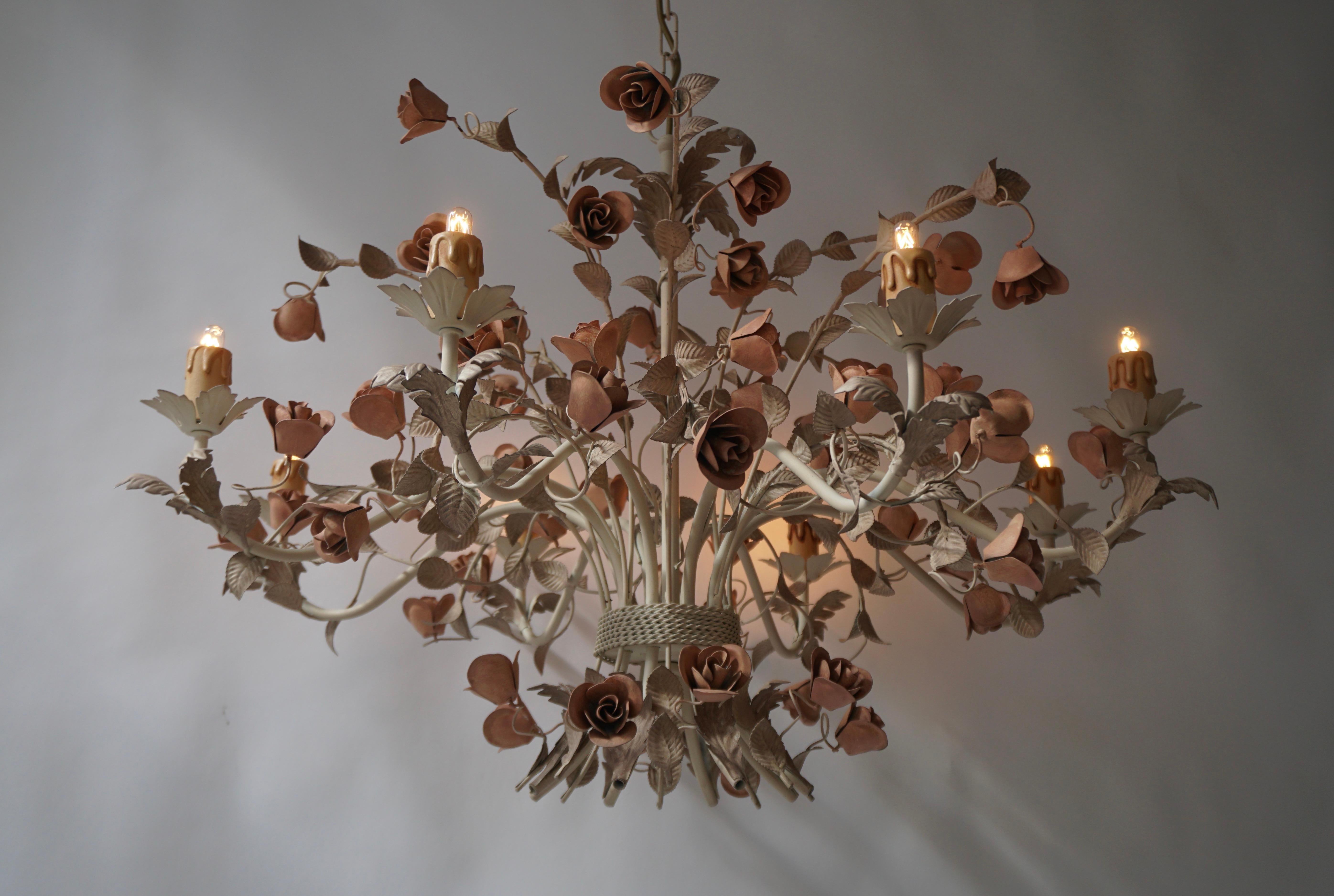 20th Century Hollywood Regency Style Chandelier with Pink Roses 6